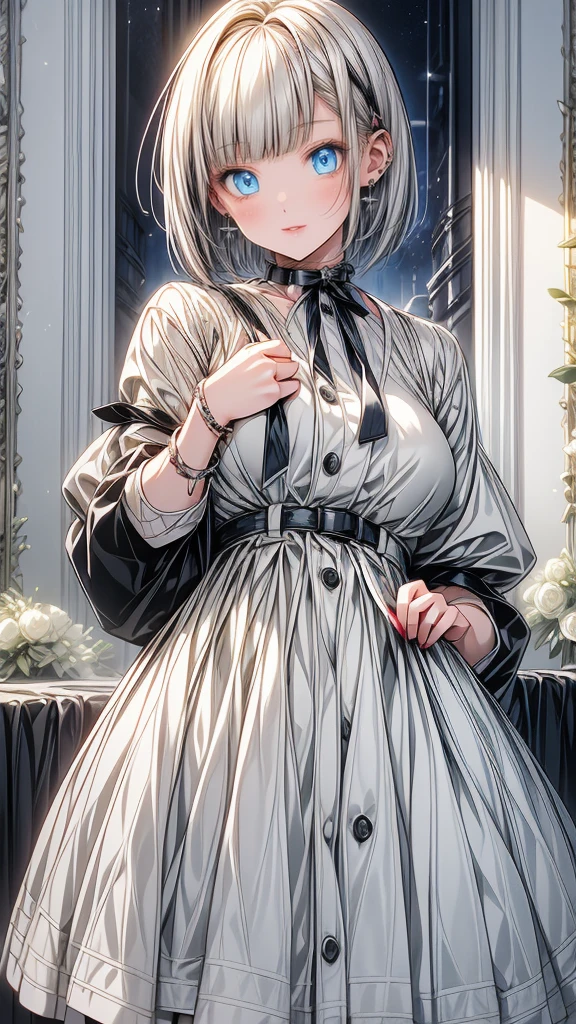 (masterpiece),1 girl with white bob cut hair and right bags side hair,blue eyes,open mouth,slightly blush,night room background,happy,hold a birthday cake.