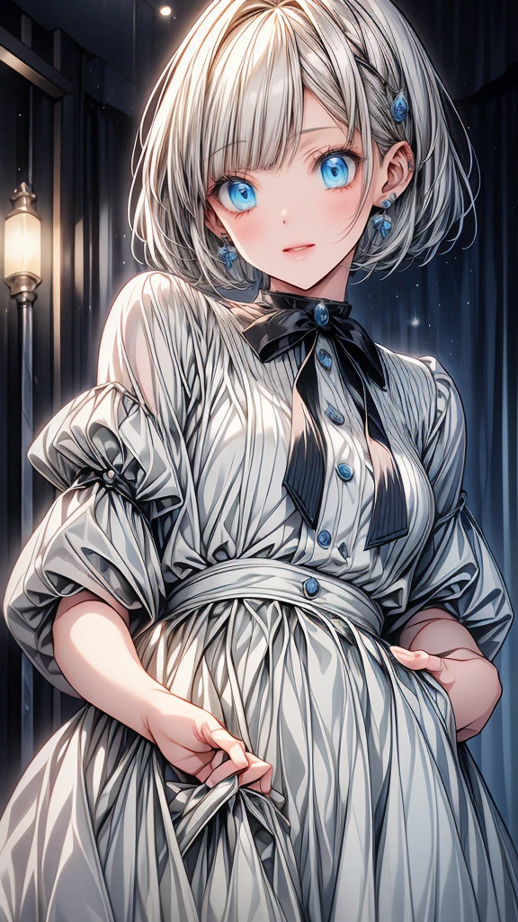 (masterpiece),1 girl with white bob cut hair and right bags side hair,blue eyes,open mouth,slightly blush,night room background,happy,hold a birthday cake,{{detailed hand}}.