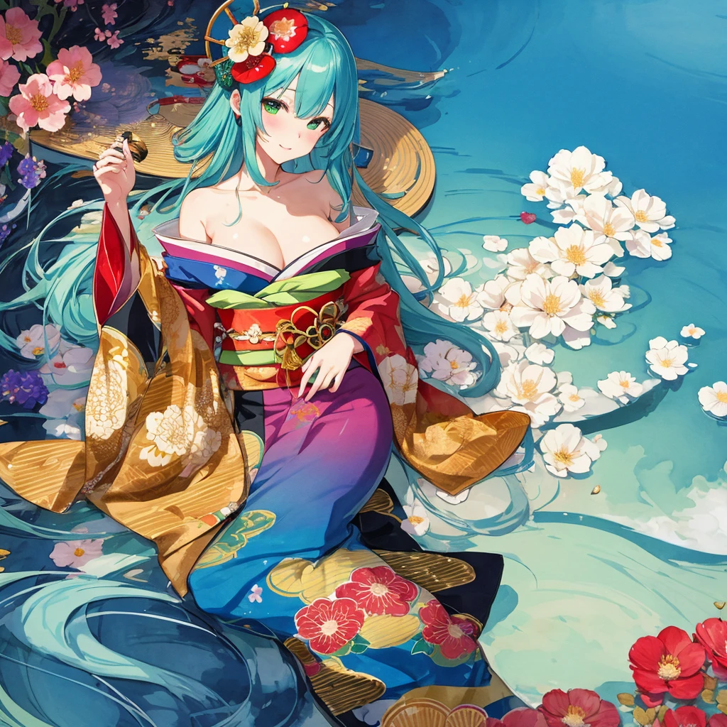 wide angle, front face, water color, Kimono, Long eyelush, many flowers, a Oiran is long hair, Bewitching and decadent atmosphere, Ambiguous and unclear touch, geometric patterns, intricate illustration, gold line, green and deep blue