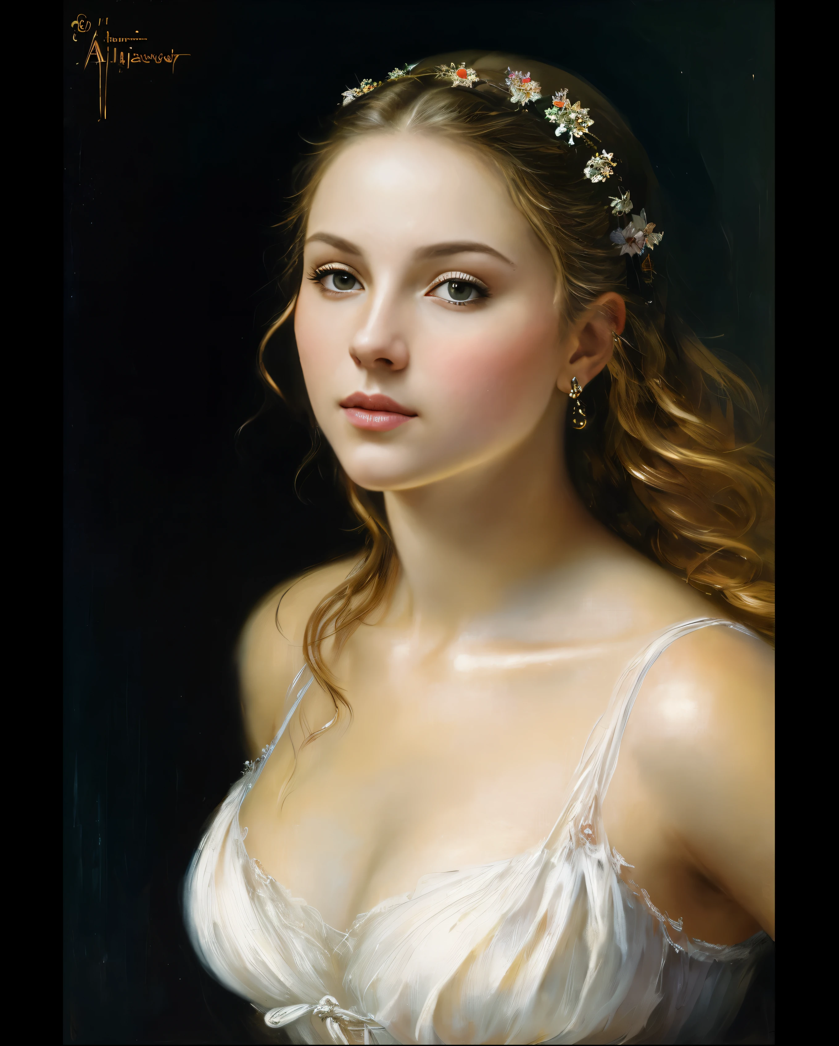 Masterpiece, Best quality, Ethereal beauty, portrait, girl, 35 years old Woman, middle ages, classicism, andrey atroshenko style, painting, traditional media, realistic, figurative, fine art, oil on canvas, HDR, 8K, original character, high resolution, high detail, focus on the face