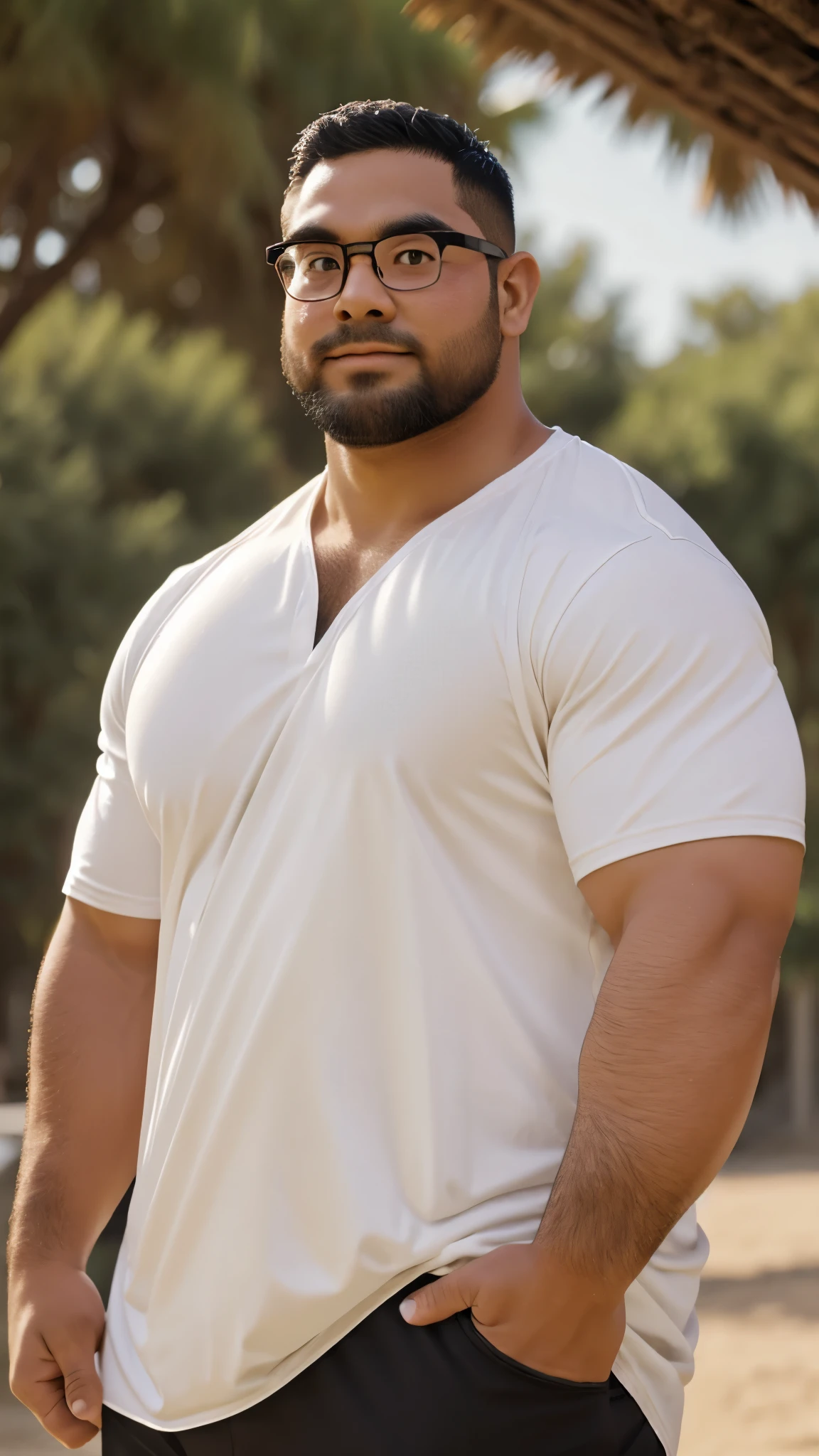 thick eyebrows，single eyelid，round face，Shallow beard，male，round frame glasses，obesity，young，chest muscles，pregnant，Shirtless，strong，No abs