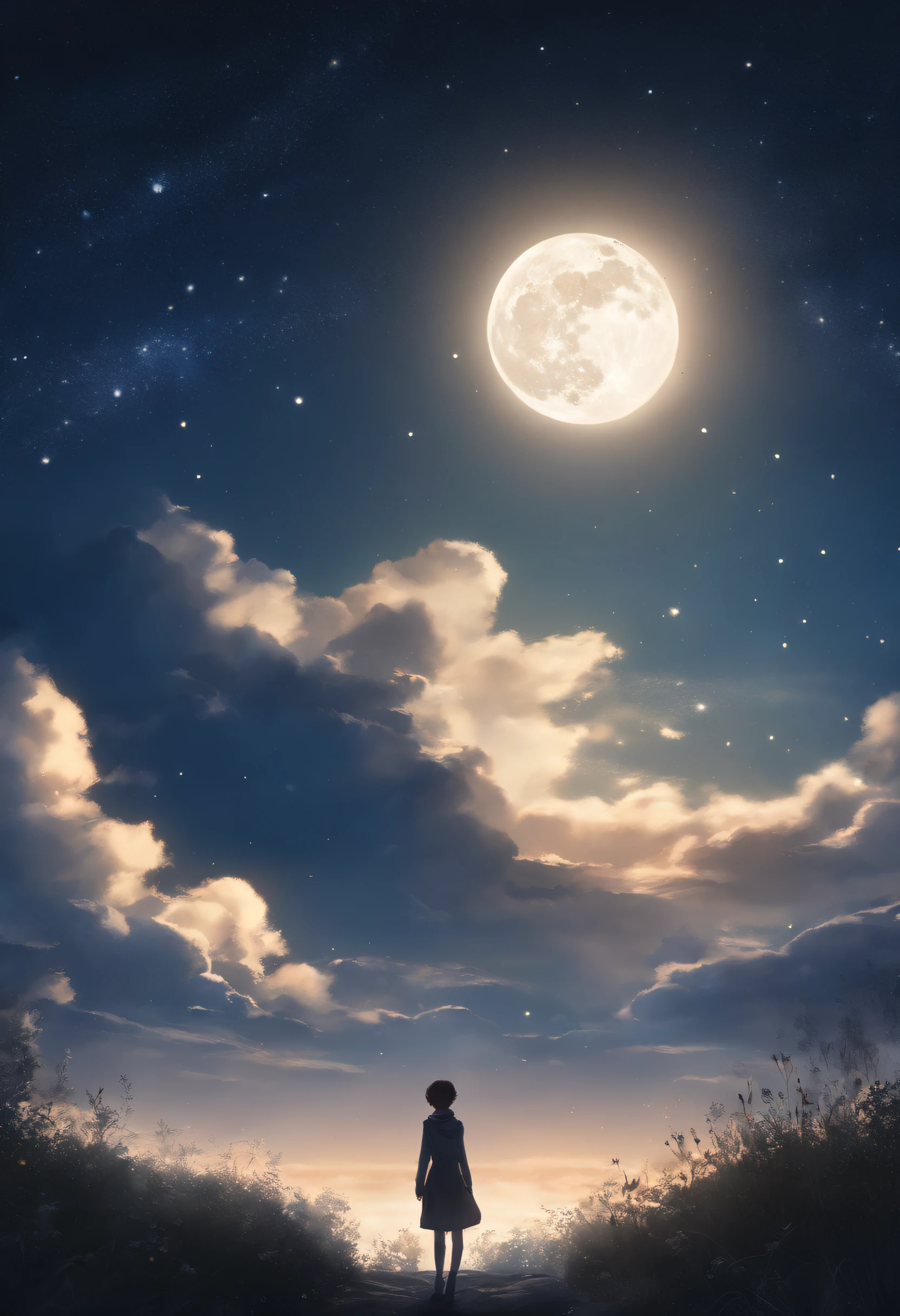 Beleza altamente concentrada,Through the sky, Pintura da Lua Estrelada, Arte conceitual inspirada em Tosa Mitsuoki, Vencedor do concurso Pixiv, melhor qualidade, arte de fantasia, lindas cenas de anime, uma lua brilhante, starry sky environment in moonlight, Pintura dos Sonhos, Arte de fundo de anime, dream scenery art, Fantastic night, fundos de anime, arte de fundo, dreamlike art, atmospheric anime, starry sky, Aprimoramento de detalhes.