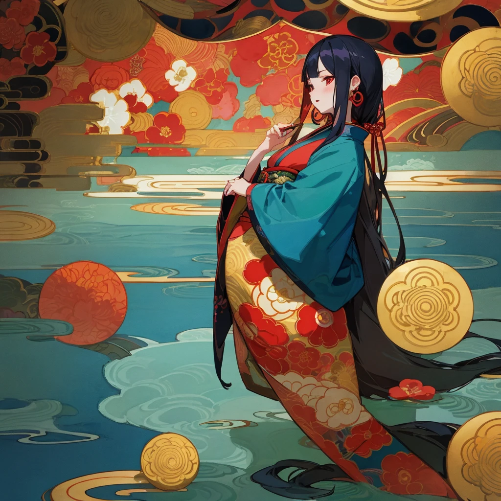 wide angle, front face, water color, Kimono, Long eyelush, many flowers, a Oiran is long hair, Bewitching and decadent atmosphere, Ambiguous and unclear touch, geometric patterns, intricate illustration, gold line, green and deep blue