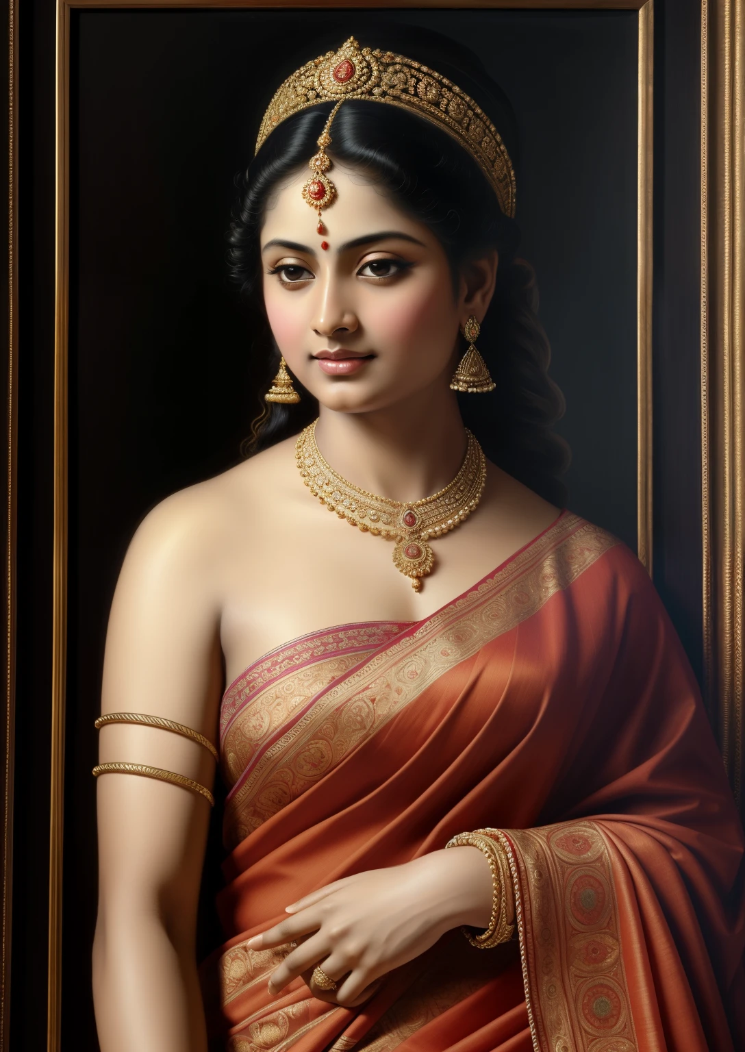 Beautiful Indian Woman, wearing saree, sari Beauty, gorgeous, Apsara, Maharani, royal queen woman, nymph from Hindu Mythology, pierced eyes, Urvashi, matchless beauty, Highly detailed, Oil Painting by Peter Paul Rubens inspired by Raja Ravi Varma, Matchless beauty, captivating, gorgeous, heavenly beauty, celestial beauty, by Peter Paul Rubens, 1893, realistic, hyper realistic, micro details, incredible artwork, insane details, ultra High resolution, 8k, 32k, acrylic on canvas, intricate, flawless, detailed, detailed face, detailed eyes, masterpiece, by Peter Paul Rubens, by Caravaggio, by William Adolphe bouguereau, perfect face, perfect body, beautiful art, realism, baroque, renaissance Art, highly textured, beautiful eyes, uhd, best quality,