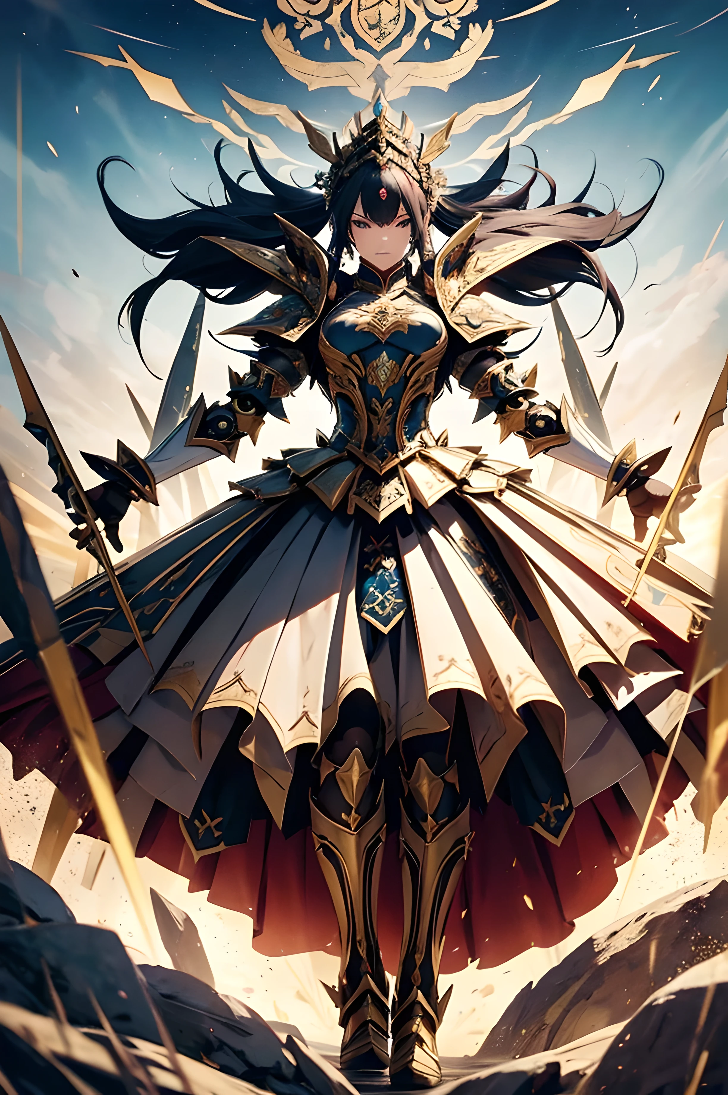Empress puppet, fine armor, intricate design, creative details, silk, cinematic lighting, 4k, floating hair, sharp, prism, shining knight, royal, face mask , full body frame, grassland background, happy, wuxia, berserker pose, mecha style