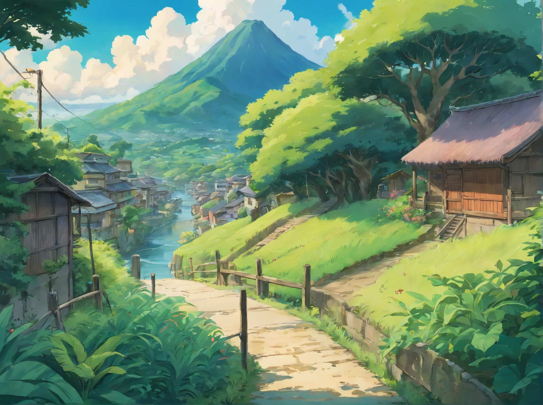 Soft color, studio ghibli, ghibli style, soft tone, lense flare, 90s film style, desk, flower pot, journal, pen. window, forest, hills, Kodak, film grains, hue, anime, Cinematic, high detail, film grain, Fujicolor, UHD, retina, masterpiece, super detail, high details, best quality, 8k, 4K