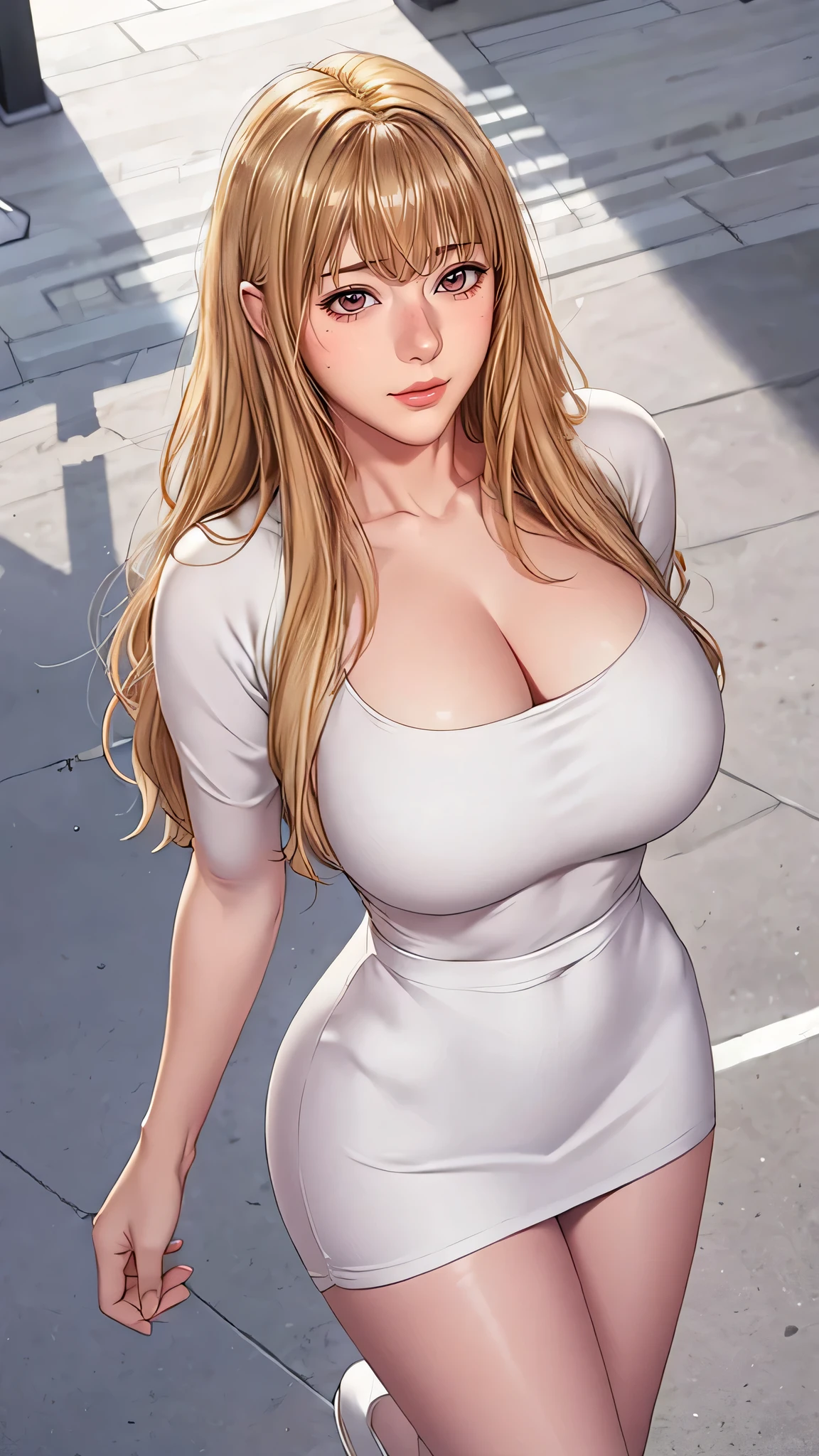 (((aldult,blonde hair,long hair,brown eyes, (((Denia,Manha,White shirt,pencil skirt,black pantyhose, ))),(((wide hips))),S-shaped body:1.7))),((masterpiece)),high resolution, ((Best quality at best)),masterpiece,quality,Best quality,((( Exquisite facial features,looking at the audience,There is light in the eyes,Ha ha,blush,Shy ))),(((Light and shadow interlace,huge ))),(((gym background,running,from above,look down)))