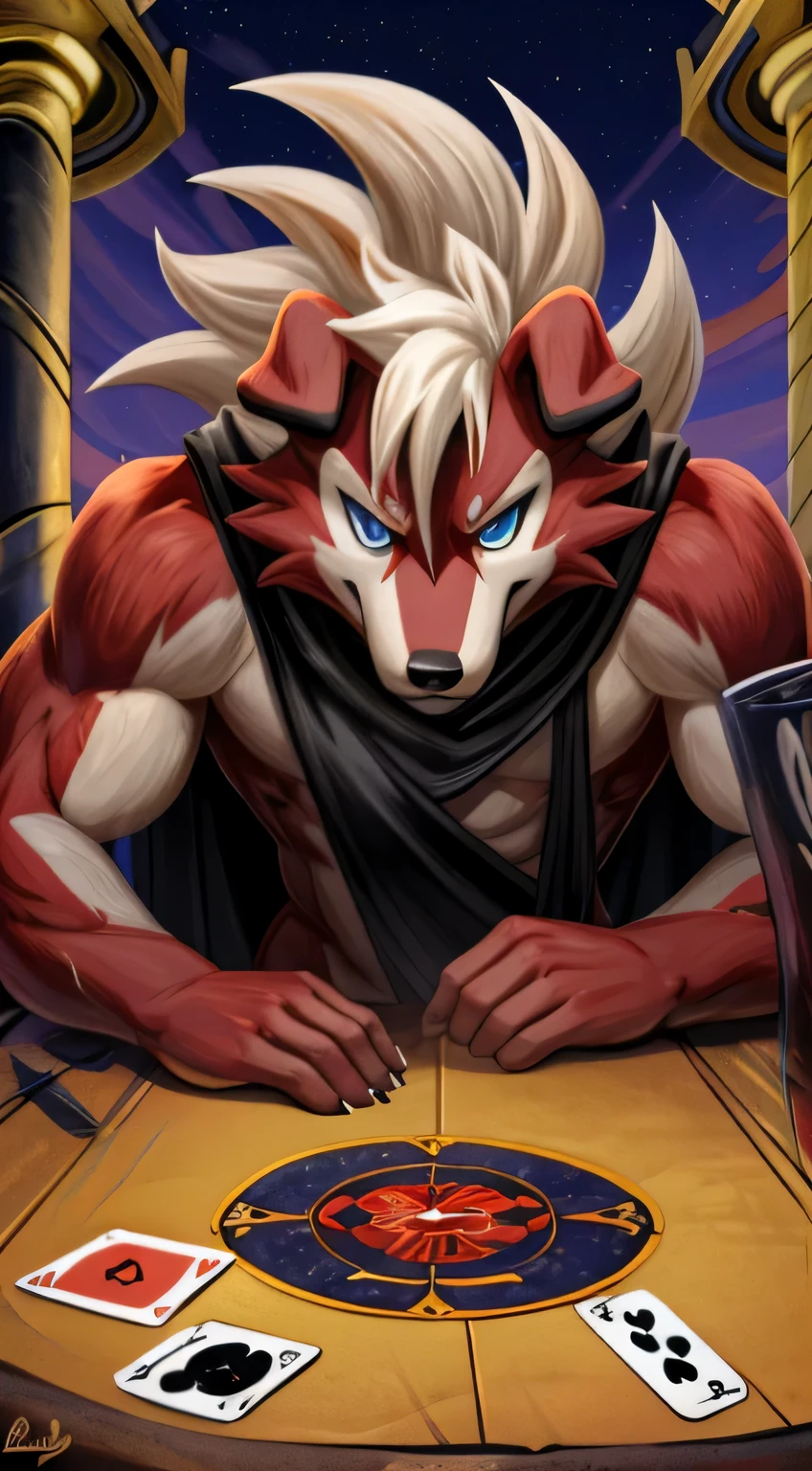 masterpiece, best quality, perfect anatomy, (detailed eyes:1.2), (Midnight Lycanroc), anthropomorphic male, solo, liquid, detailed background, solo, bara, muscles, anime_pose, wild west clothes, floating in the air, detailed face, pokemon card background, villain, suggestive, edgy, shooting revolvers, western, wild west, torn clothes, made of goo, dripping gooey body, throwing playing cards, melting gooey body, final boss, melting Midnight Lycanroc, giant cloak blowing