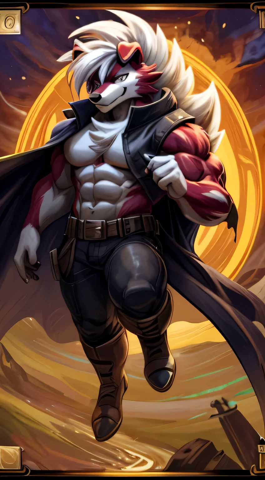 masterpiece, best quality, perfect anatomy, (detailed eyes:1.2), (Midnight Lycanroc), anthropomorphic male, solo, liquid, detailed background, solo, bara, muscles, anime_pose, wild west clothes, floating in the air, detailed face, pokemon card background, villain, suggestive, edgy, shooting revolvers, western, wild west, torn clothes, made of goo, dripping gooey body, throwing playing cards, melting gooey body, final boss, melting Midnight Lycanroc, giant cloak blowing