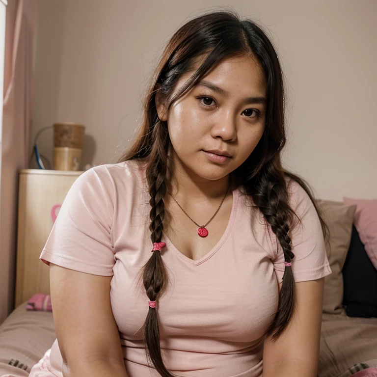 an Indonesian woman aged 29 years, natural face, long hair in two braids, chubby cheeks, flat nose, wearing a pink t-shirt, wearing a red heart necklace, sitting in her room, soft lighting,grainy film effect,structure+75,sharpening+60,eye detail,RAW