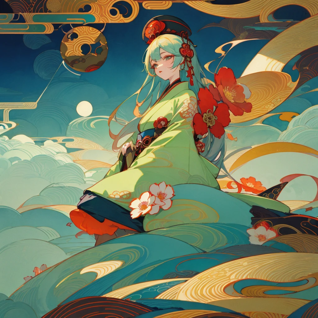 Wide angle, front, watercolor, kimono, long eyelashes, many flowers, oiran with long hair, bewitching and decadent atmosphere, vague and indistinct touch, geometric patterns, complex illustration, golden lines, green and deep blue, futuristic landscape