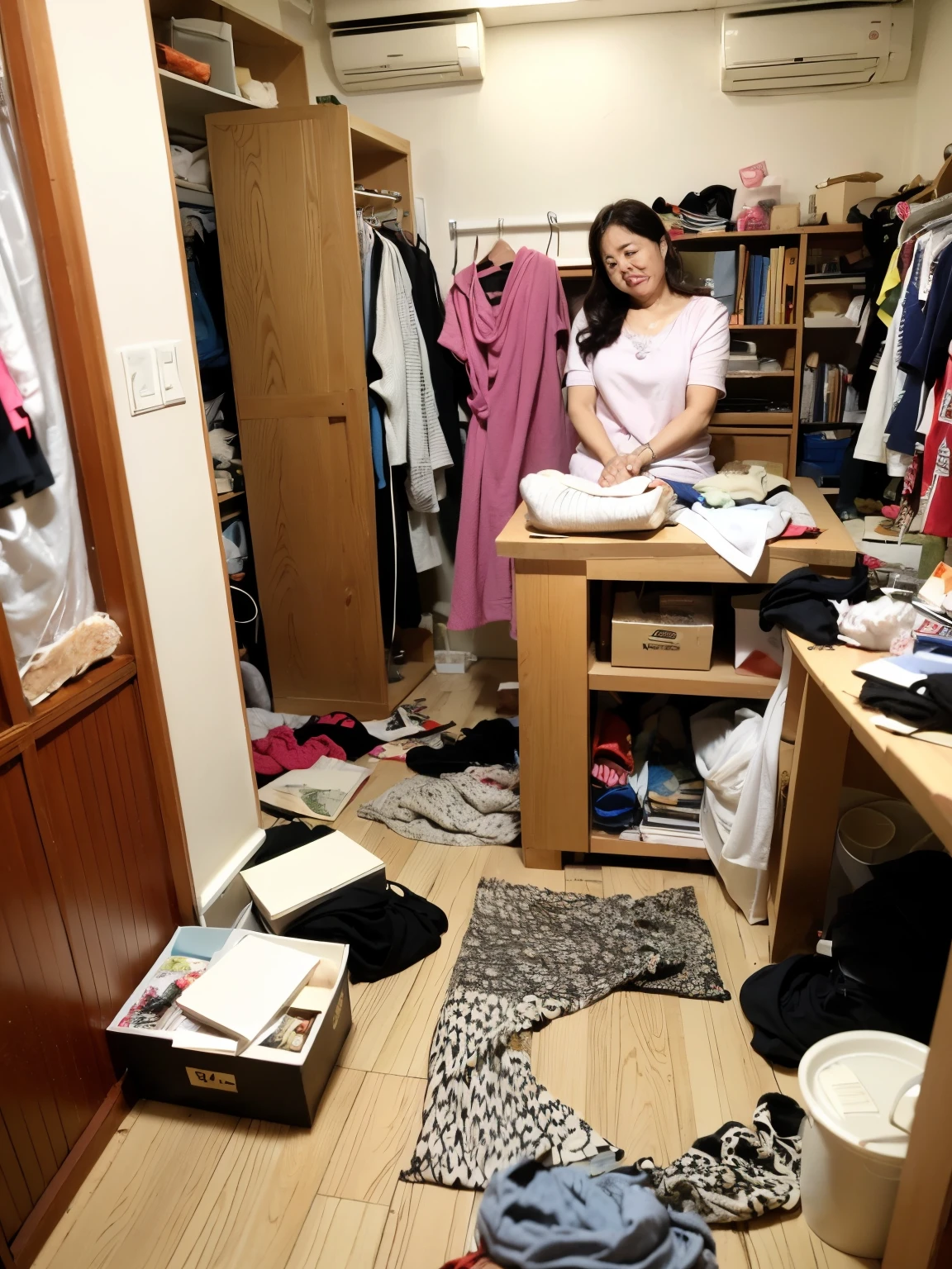 ((最high quality, 8K, masterpiece: 1.3)), sharp focus, high quality, High resolution, portrait, alone, Japan, middle-aged women, beauty, 48 years old, Plump, wavy hair, good, skirt, wrinkles around the eyes, Expressionless, messy room, Messy floor, Extravagant meat, unorganized room