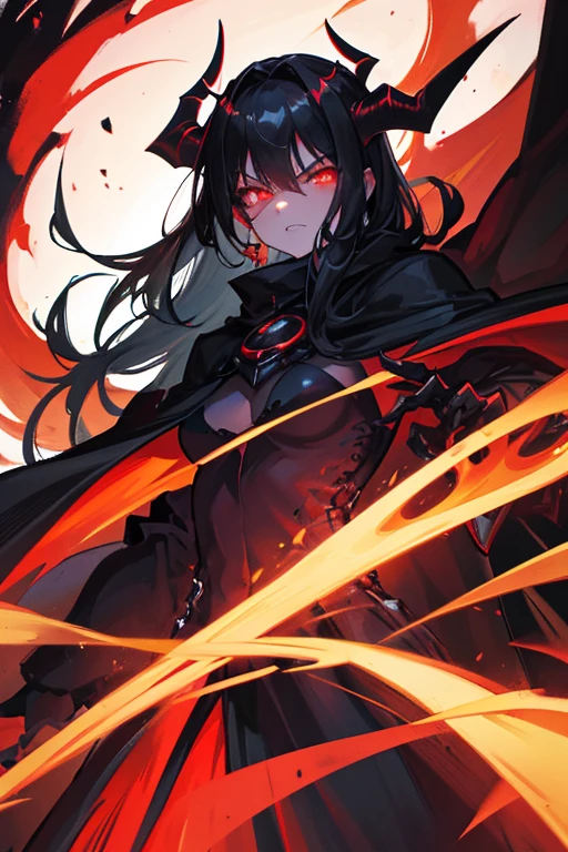 woman demon, dark and sinister aura, long black hair, black dress, black cape, long horns, red glowing eyes, mad furious