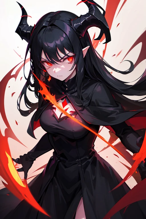 woman demon, dark and sinister aura, long black hair, black dress, black cape, long horns, red glowing eyes, mad furious