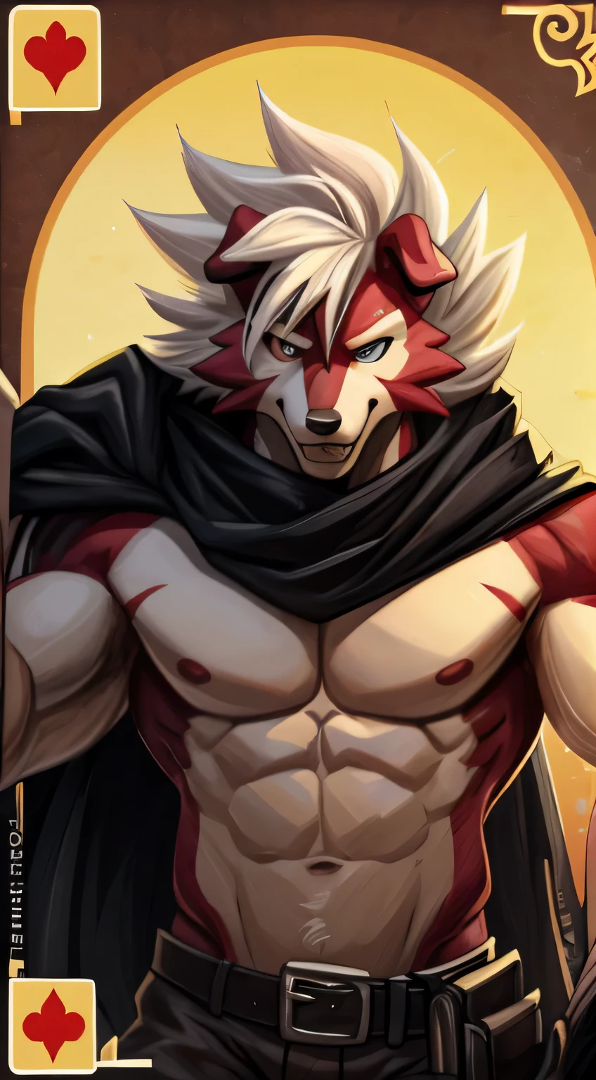 masterpiece, best quality, perfect anatomy, (detailed eyes:1.2), (Midnight Lycanroc), anthropomorphic male, solo, liquid, detailed background, solo, bara, muscles, anime_pose, wild west clothes, floating in the air, detailed face, pokemon card background, villain, suggestive, edgy, shooting revolvers, western, wild west, torn clothes, made of goo, dripping gooey body, throwing playing cards, melting gooey body, final boss, melting Midnight Lycanroc, giant cloak blowing