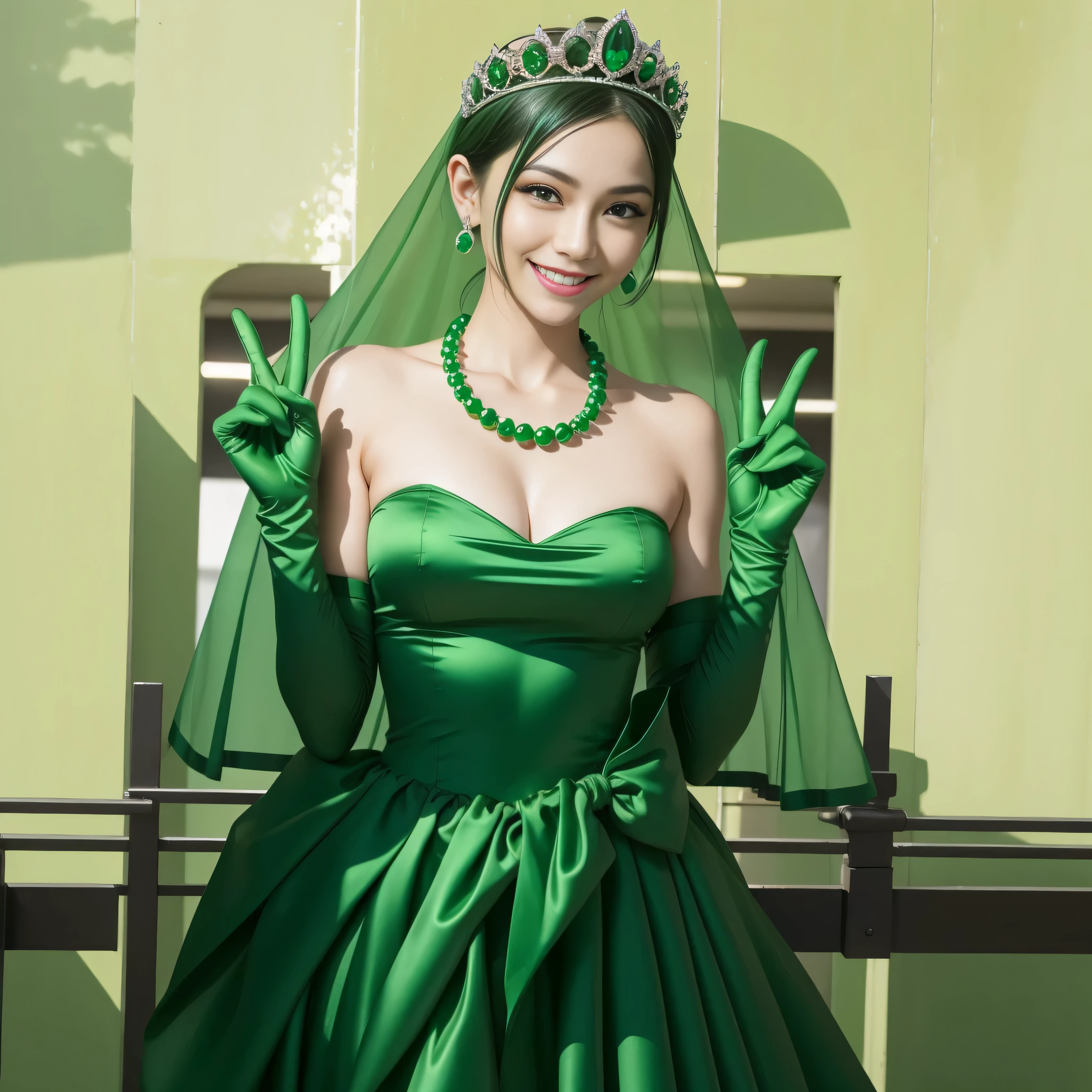 emerald tiara, green pearl necklace, boyish very short green hair, lipstick, smiling Japanese woman, very short hair, big breasts beautiful, green eyes, Long Green Satin Gloves, green eyes, V sign, emerald earrings, green veil