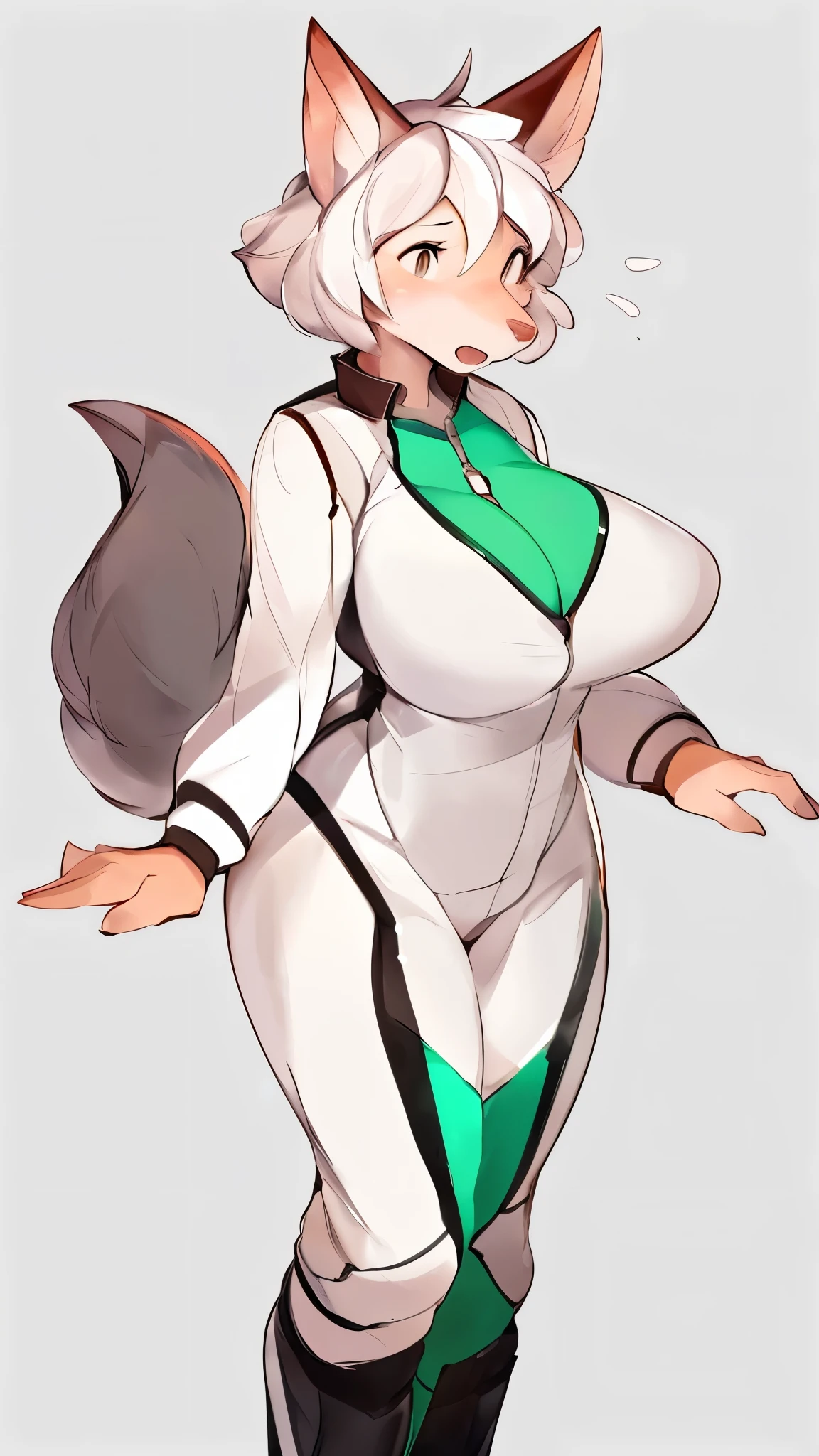((by einshelm)), by bebebebebe, by buta99, solo, female, big breasts, canine, ((thin snout, white hair, long snout, short hair)), open mouth, surprised, gasping, standing, grey fur, white spacesuit, medical spacesuit, green cross