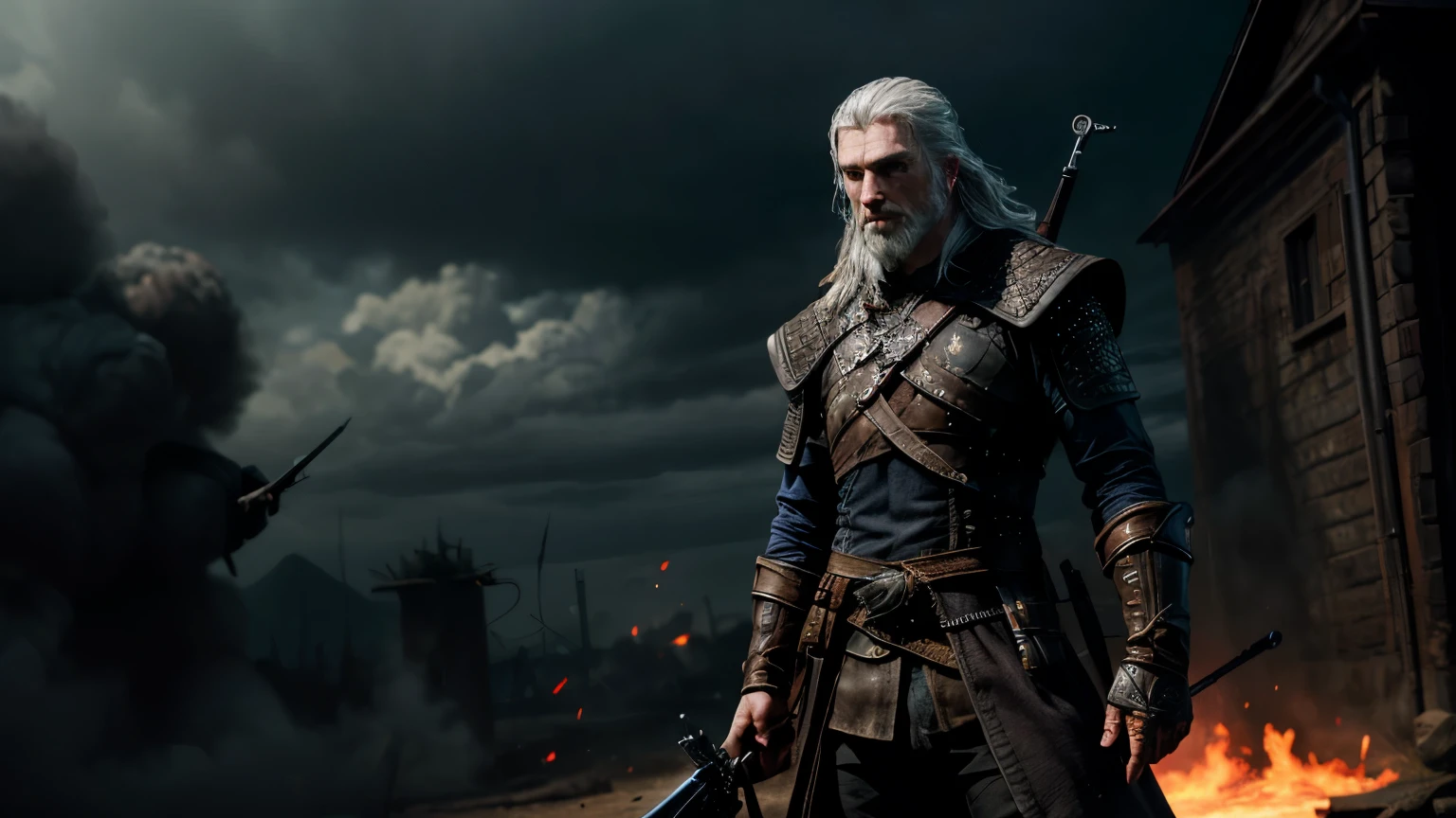 a gritty futuristic veteran warrior with beard shooting at a giant monster, ultra wide angle shot, realistic, (large rifle), masterpiece, dynamic pose, hollywood blockbuster moment, dynamic lighting, intense, dark atmosphere, witcher style,  