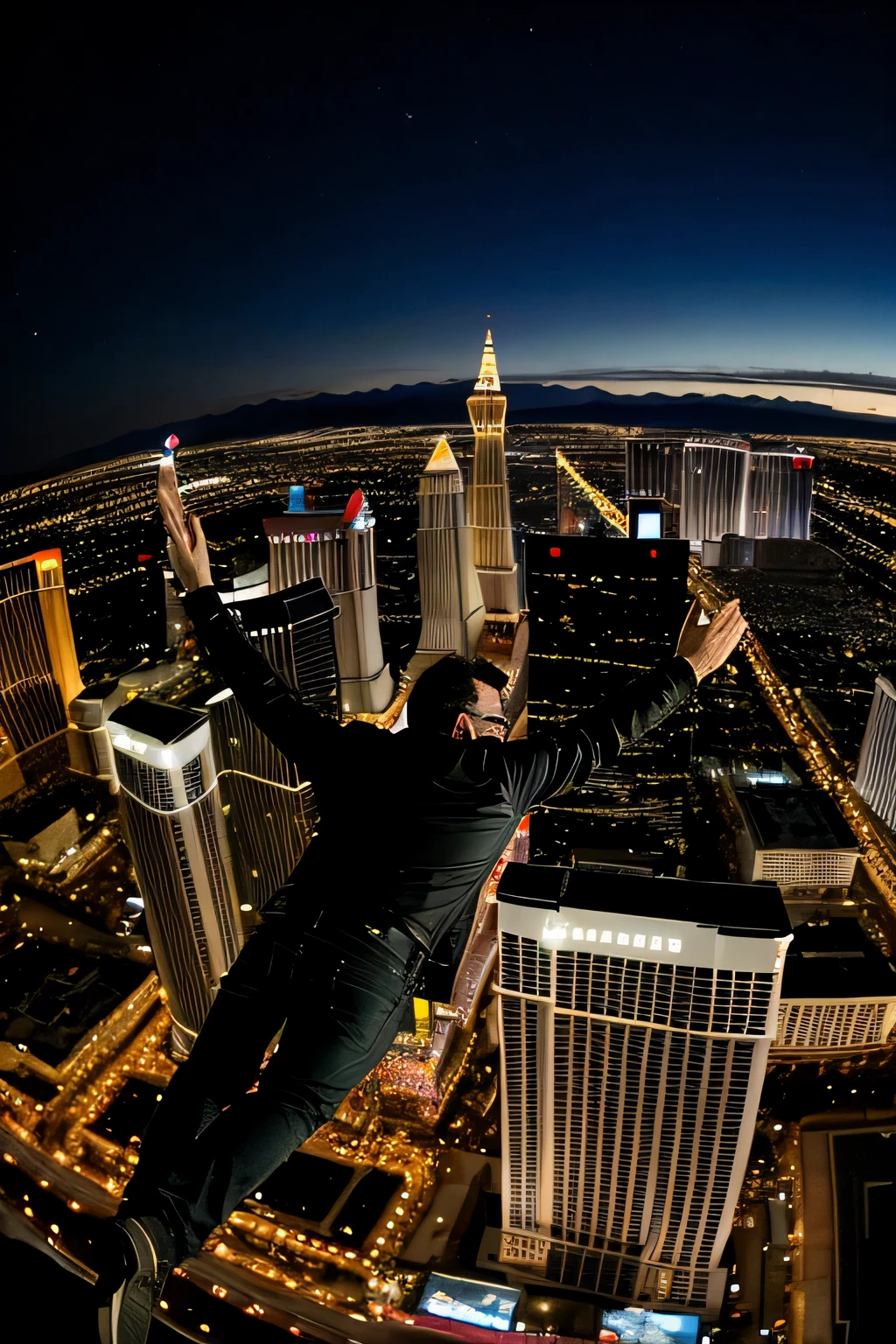 ((best quality)), ((masterpiece)), (detailed), bono celebrity from band u2 flying through the sky over las vegas strip night time fish eye effect