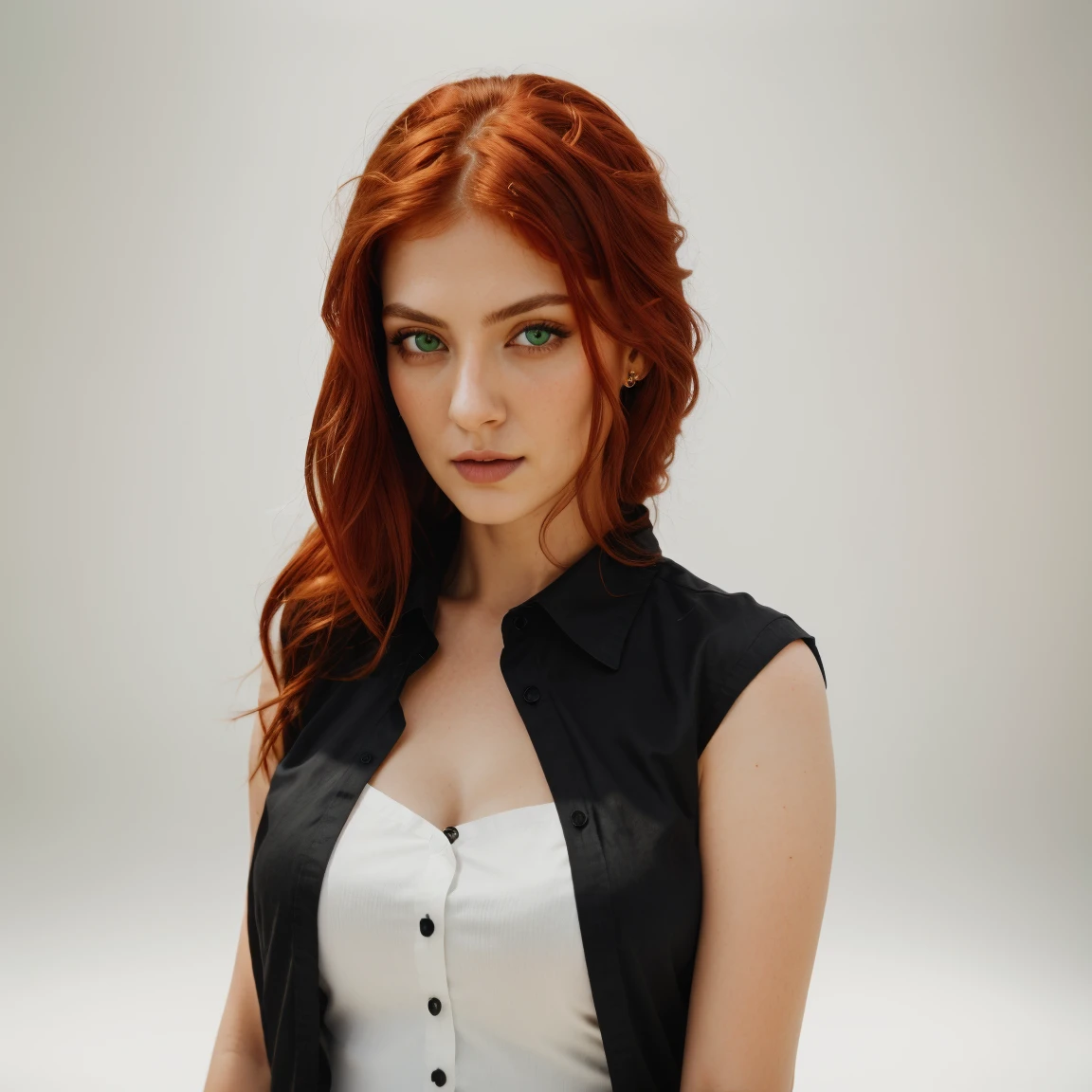 front view, looking at camera, RAW photo,((black shirt:1.2)), ((portrait)),beautiful red hair 30 years old woman, green eyes, perfecteyes eyes, ((white background:1.2)), studio lighting, high quality, film grain, Fujifilm XT3, centralized