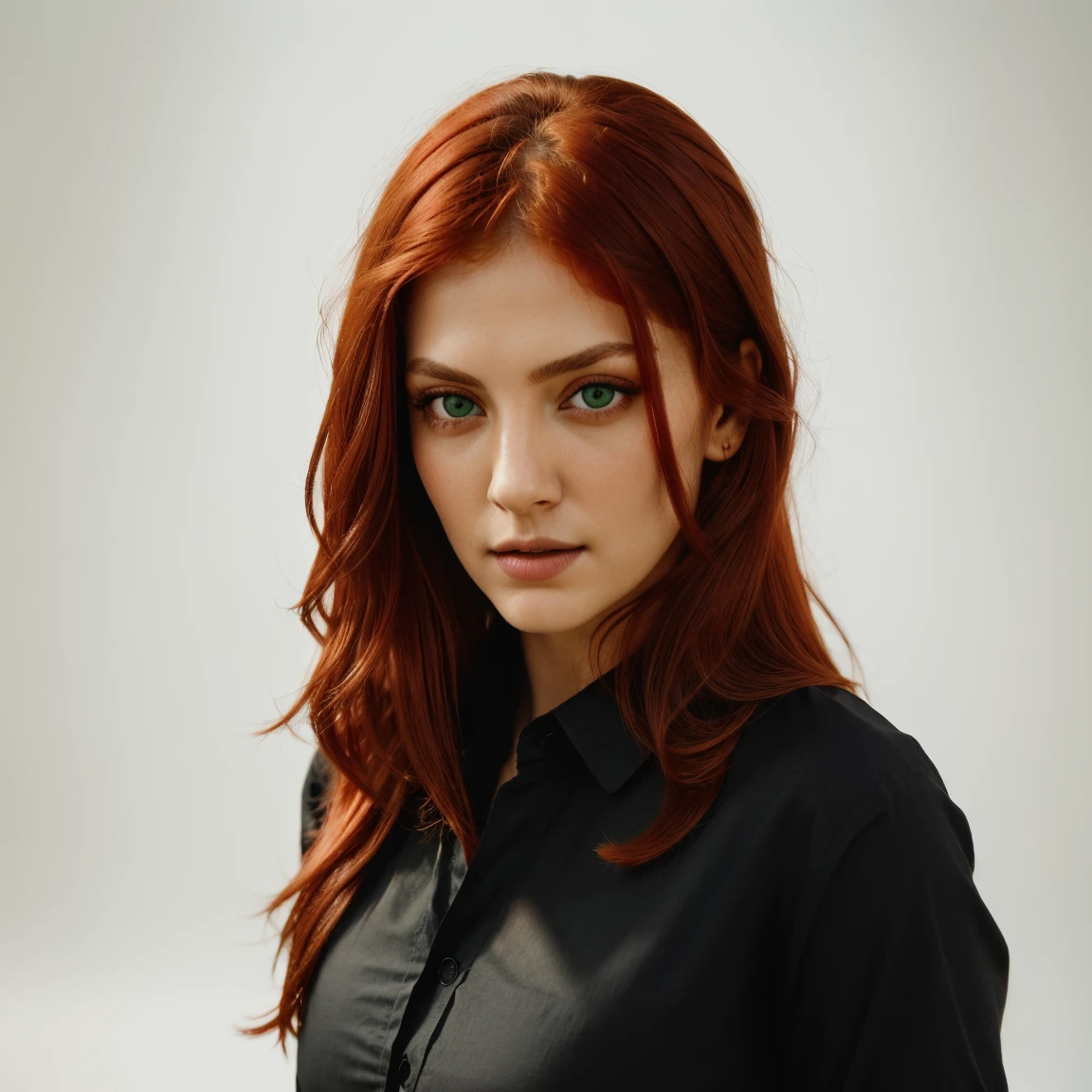 front view, looking at camera, RAW photo,((black shirt:1.2)), ((portrait)),beautiful red hair 30 years old woman, green eyes, perfecteyes eyes, ((white background:1.2)), studio lighting, high quality, film grain, Fujifilm XT3, centralized
