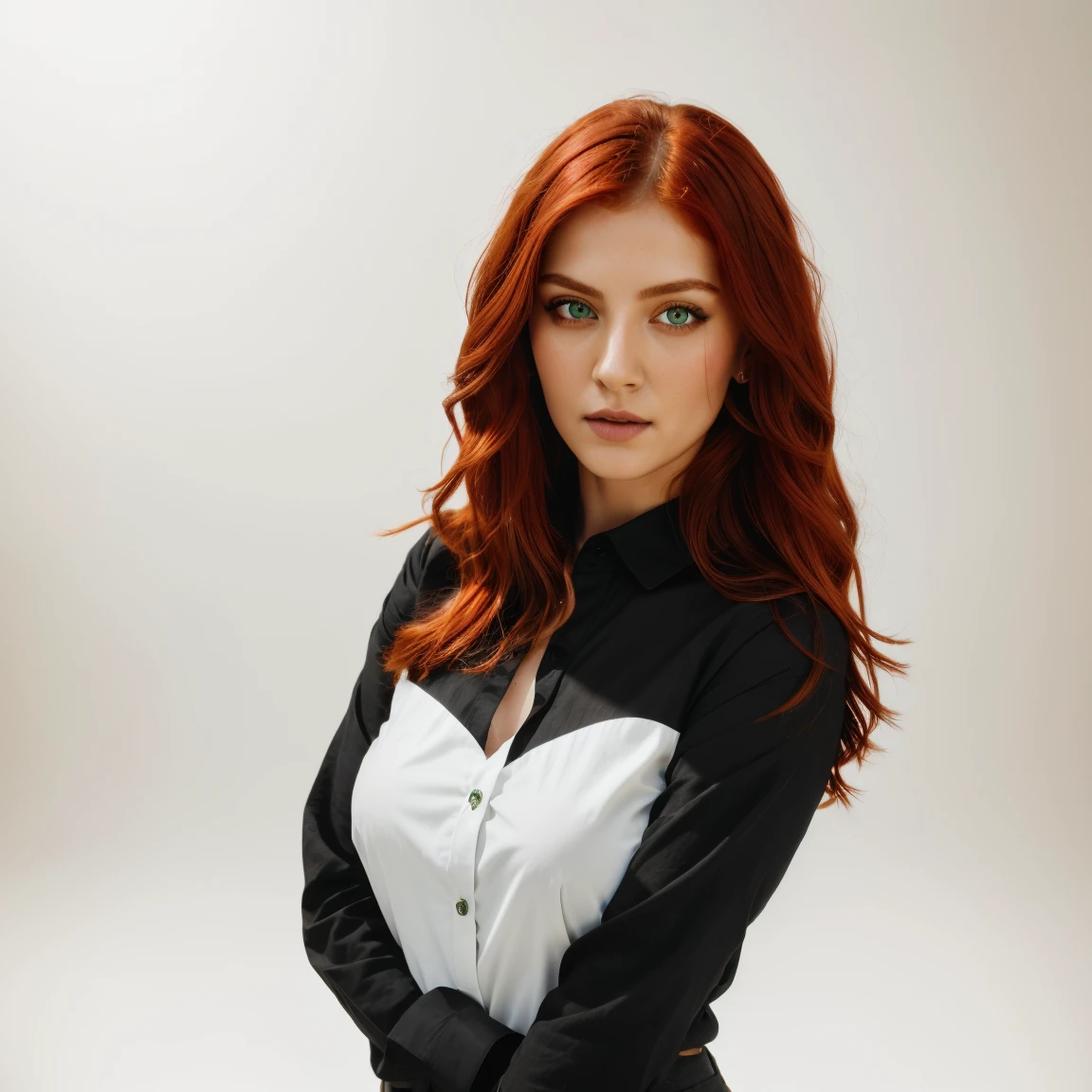 front view, looking at camera, RAW photo,((black shirt:1.2)), ((portrait)),beautiful red hair 30 years old woman, green eyes, perfecteyes eyes, ((white background:1.2)), studio lighting, high quality, film grain, Fujifilm XT3, centralized