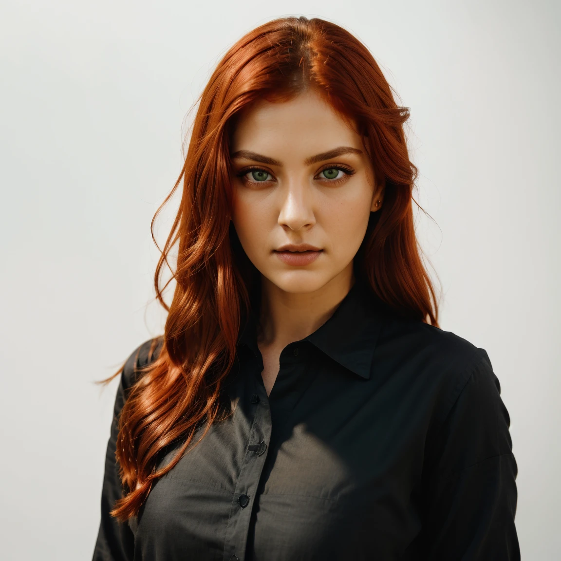 front view, looking at camera, RAW photo,((black shirt:1.2)), ((portrait)),beautiful red hair 30 years old woman, green eyes, perfecteyes eyes, ((white background:1.2)), studio lighting, high quality, film grain, Fujifilm XT3, centralized