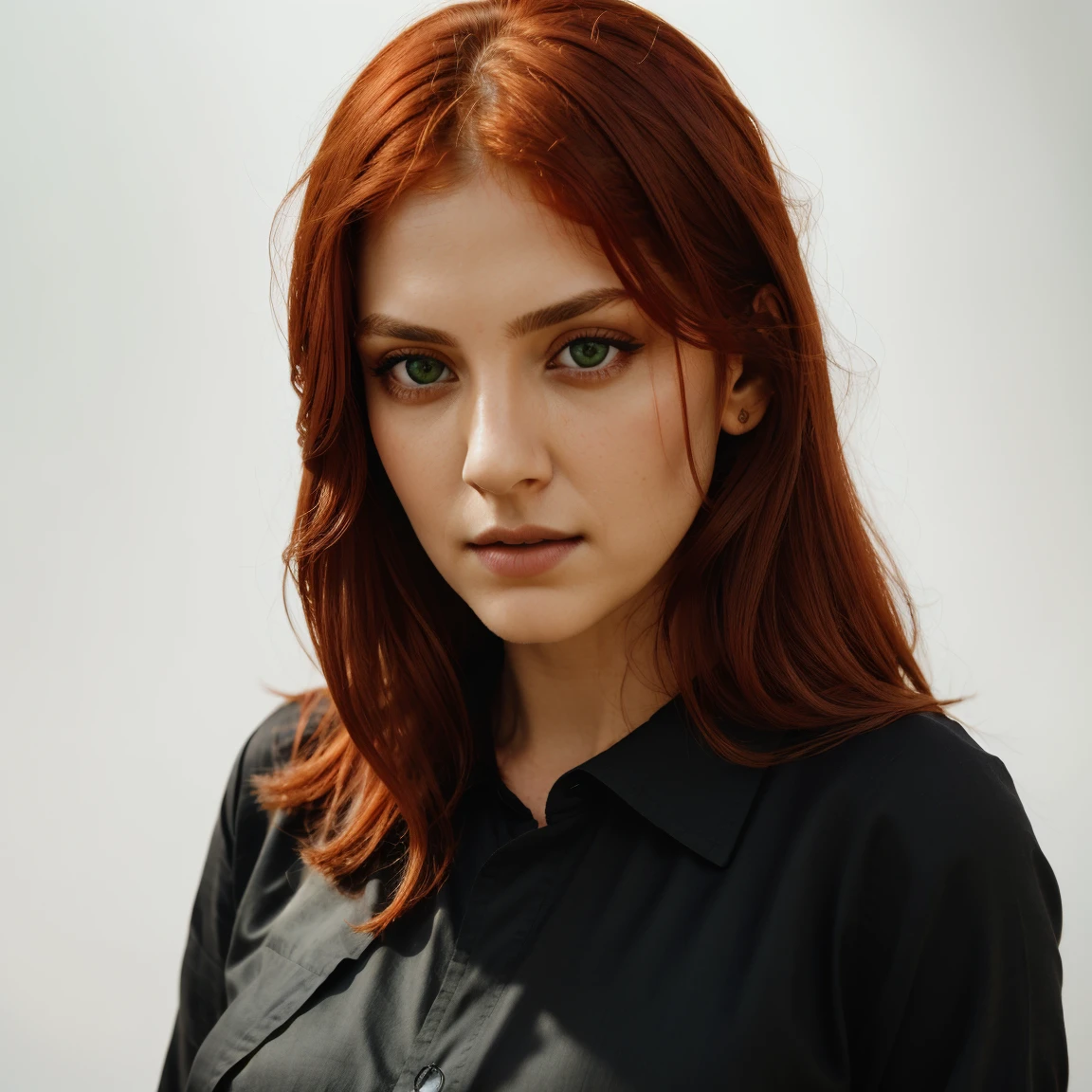 front view, looking at camera, RAW photo,((black shirt:1.2)), ((portrait)),beautiful red hair 30 years old woman, green eyes, perfecteyes eyes, ((white background:1.2)), studio lighting, high quality, film grain, Fujifilm XT3, centralized