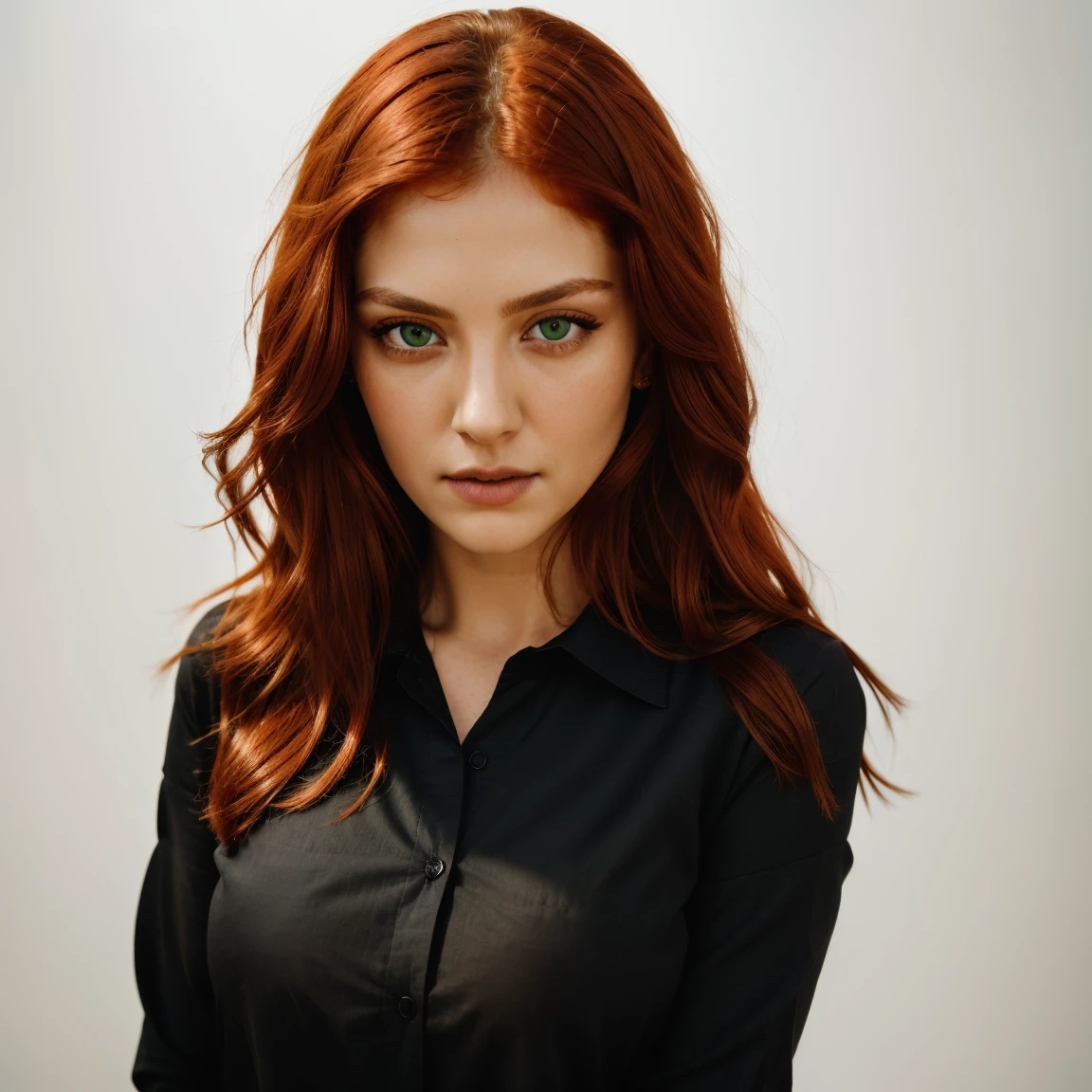 front view, looking at camera, RAW photo,((black shirt:1.2)), ((portrait)),beautiful red hair 30 years old woman, green eyes, perfecteyes eyes, ((white background:1.2)), studio lighting, high quality, film grain, Fujifilm XT3, centralized