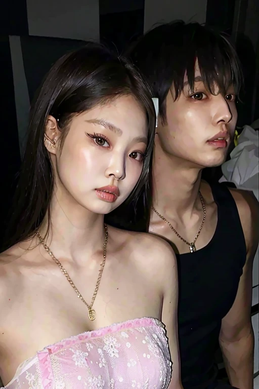 there are two people posing for a photo together, asian features, & Jennie Kim  & Jungkook, blackpink jennie, jeon jungkook, Kim Jennie e Jeon Jungkook, o corte Hime, linda jovem Jennie Kim, Jeon Jungkook, Clear, high-quality lips, Jungkook Jeon e Kim Jennie, penteado com corte hime branco