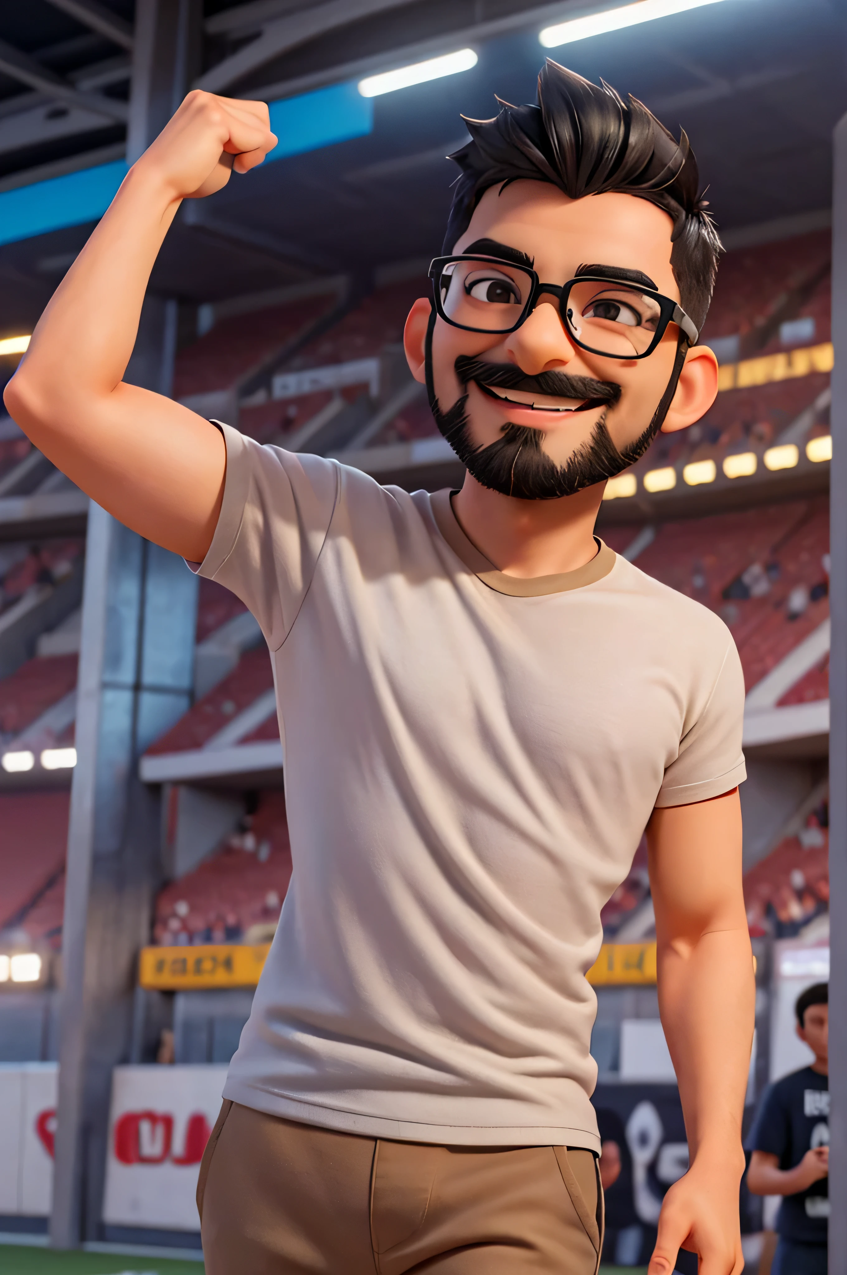(manter o personagem acima) Gerar uma imagem, alta qualidade, 36K, Ultra-resolution character: 1 homem, 28 anos de idade, feliz, Cabelo preto, wearing round-framed glasses (prata), sorriso convidativo, barba preta, wearing a black shirt and beige pants. Location: Football Stadium