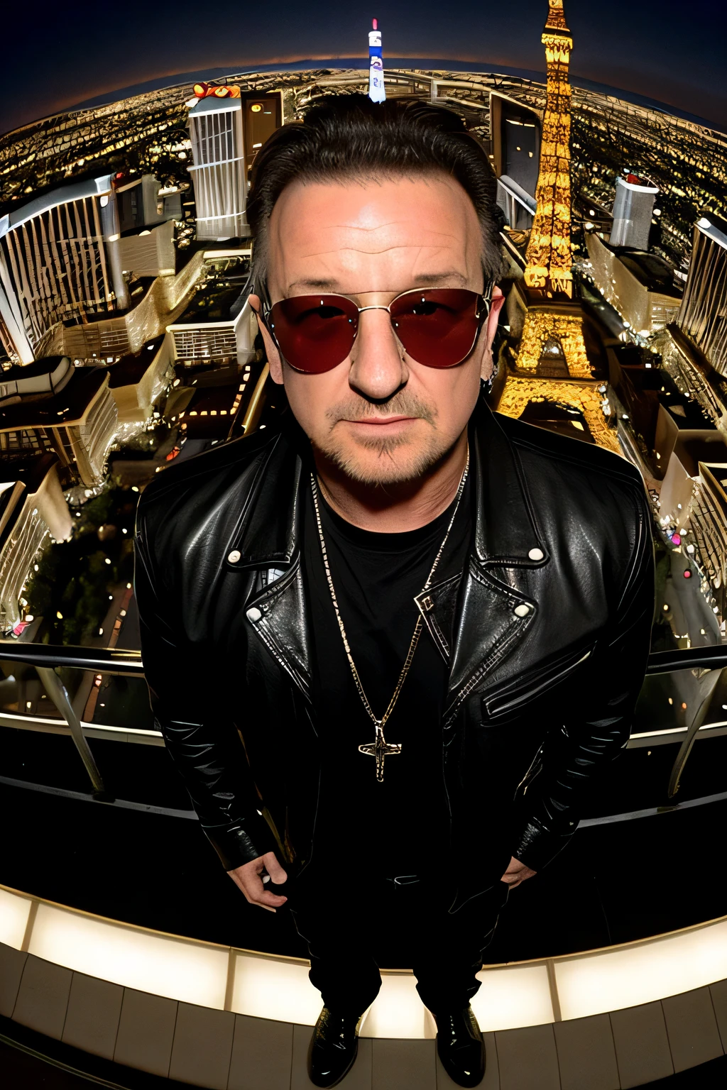 ((best quality)), ((masterpiece)), (detailed), bono celebrity from band u2 flying through the sky looking into the camera lens over las vegas strip night time fish eye effect