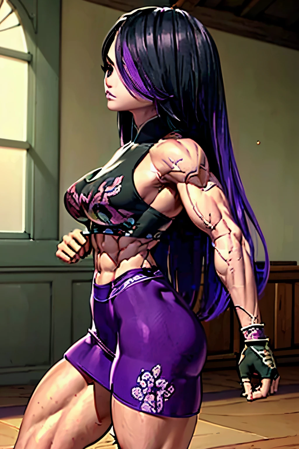 (best quality, masterpiece, high resolution),(side view:1.6), bodybuilder, (big muscles), (big pectorals), narrow waist, (face fierce and firm). is doing a body lift, lifting small barbells in both hands, great detail, insane detail, intricate detail, beautiful color grading, incredibly detailed and intricate, hyper maximal, elegant, hyperrealistic, super detailed ,(beautiful face: 2), beautiful woman face, thick muscular neck, matching neck, matching trapezius muscles, matching hair, slight smirk, neutral stare, glowing red eye-sight contrast, (8K UHD:1.2), (photorealistic:1.2),(masterpiece:1.4), (best quality:1.4),extremely detailed wallpaper, highly detailed illustrations, ((1 Girl)) , (super-complex details) official art, unity 8k wallpaper, ultra detailed, beautiful and aesthetic, masterpiece, best quality, ( zentangle, mandala, tangle, entangle), (fractal art:1.3) , masterpiece, , intricate detail,((bulking)),covered body upper body,(body builder:1.7), bodybuilder, fighter, killing machine, human killer, blood on her face, muscular, bob hair, busty, sexy, curvy, upper , from back angle, armpit, masterpiece, best quality, high quality, high definition, high quality texture, high quality shadow, high detail, beautiful detailed, fine detailed, extremely detailed cg, detailed texture, a realistic representation of the face, realistic, colorful , delicate, cinematic light, side light, Lens Flare, Ray Tracing, tailed beautiful delicate face, detailed beautiful delicate eyes, mature female,((( black and purple hair, black-top, purple-skirt))) ,bored, pompadour cut, muscular, toned, navel, ass, thick thighs, broad shoulders, big arm muscles, bicep's, meaty leg muscles, big upper body , long hair, (from behind),(( big ass)), big muscular upper body, ((muscle being shown in clothes)) , thick eyelashes, makeup.