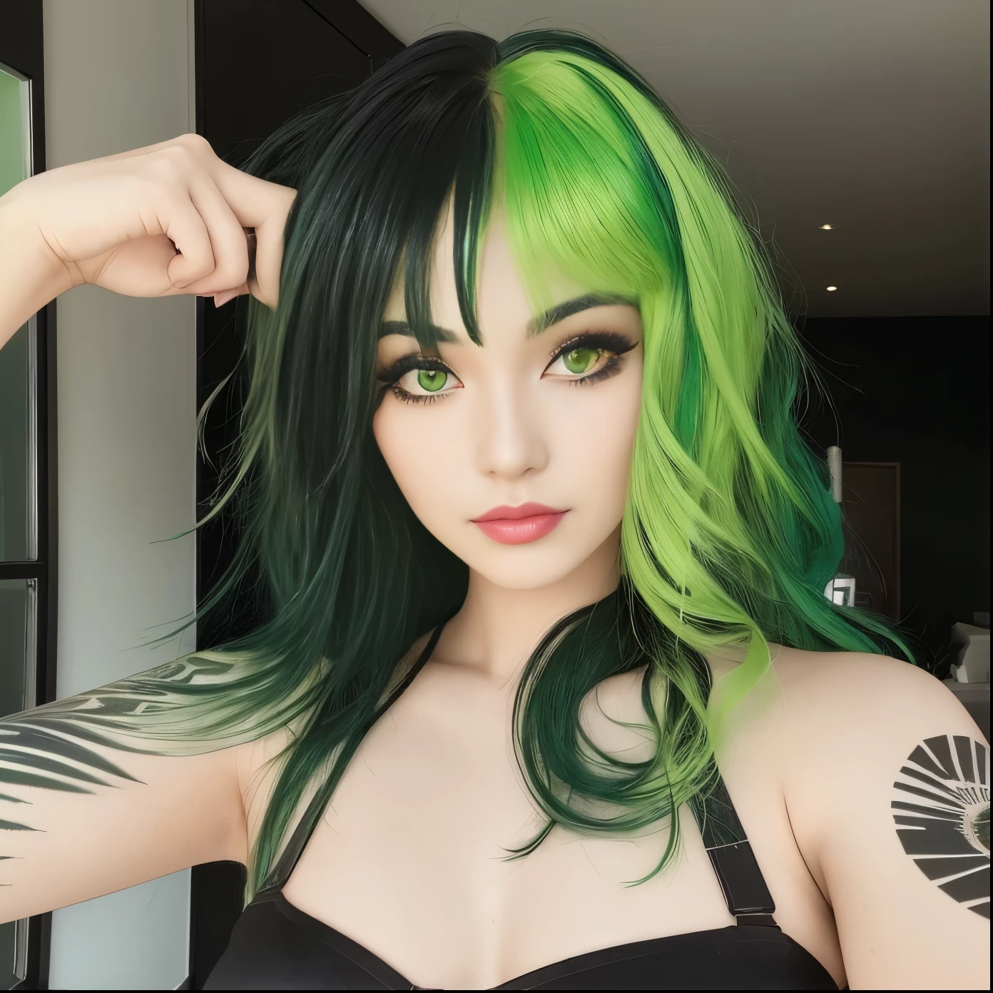 arafed woman with green hair and black bra top posing for a picture, green and black hair, half and half hair dye, half & half hair dye, two color hair, two tone hair dye, green and black colors, long straight green black hair, half and half dye, dark green hair, green and black, half & half hair