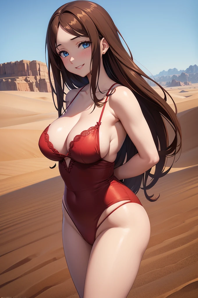 one Rebecca wearing red lingerie, standing in desert, large boobs, long brown hair, blue eyes, smiling seductively, [ 4 k digital art ]!!, seductive anime girl, deviantart artstation cgscosiety, trending on cgstation, 8k high quality detailed art, photorealistic anime girl render, kawaii hq render, commission for high res, thicc
