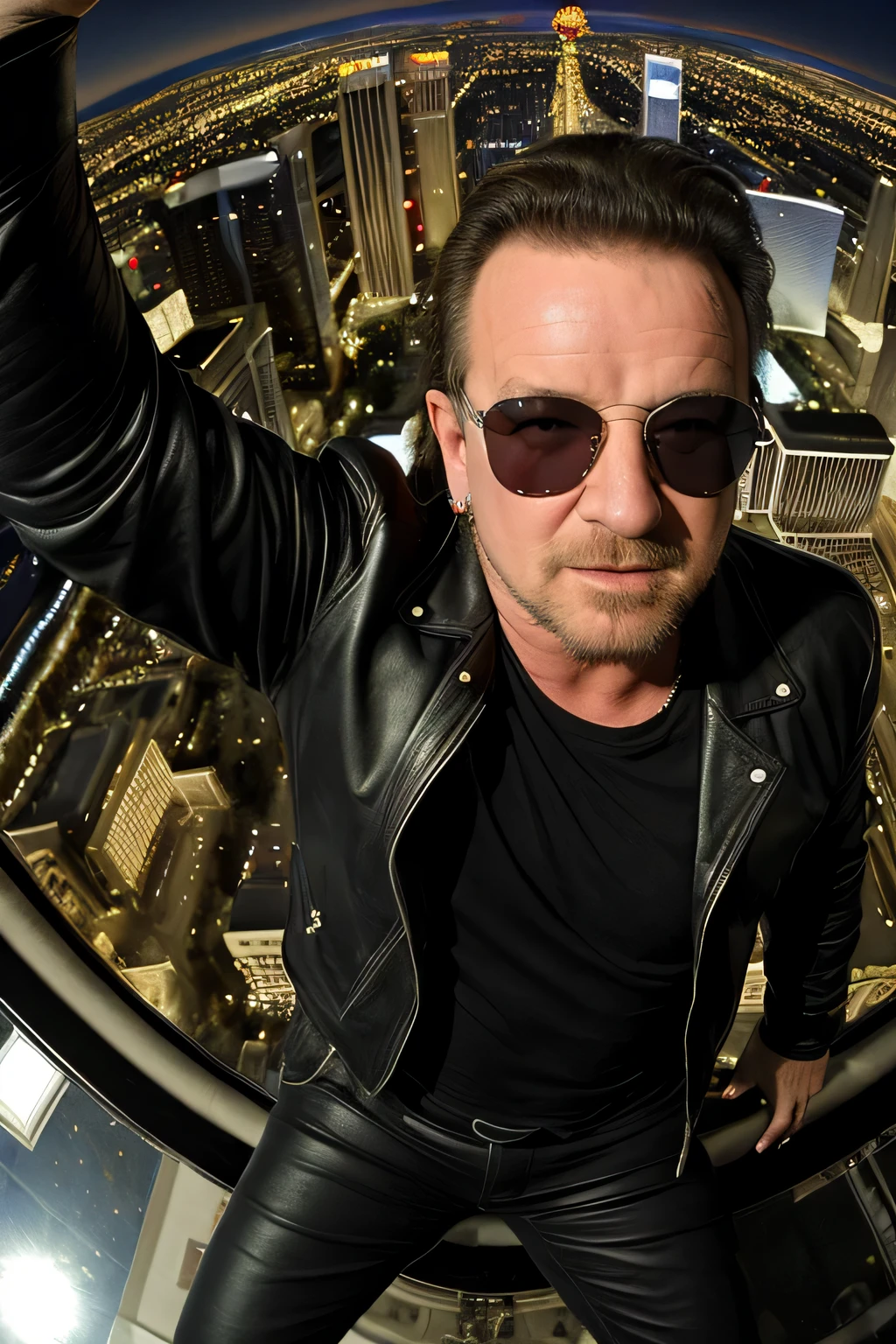 ((best quality)), ((masterpiece)), (detailed), bono celebrity from band u2 flying through the sky in hero pose looking into the camera lens over las vegas strip night time fish eye effect