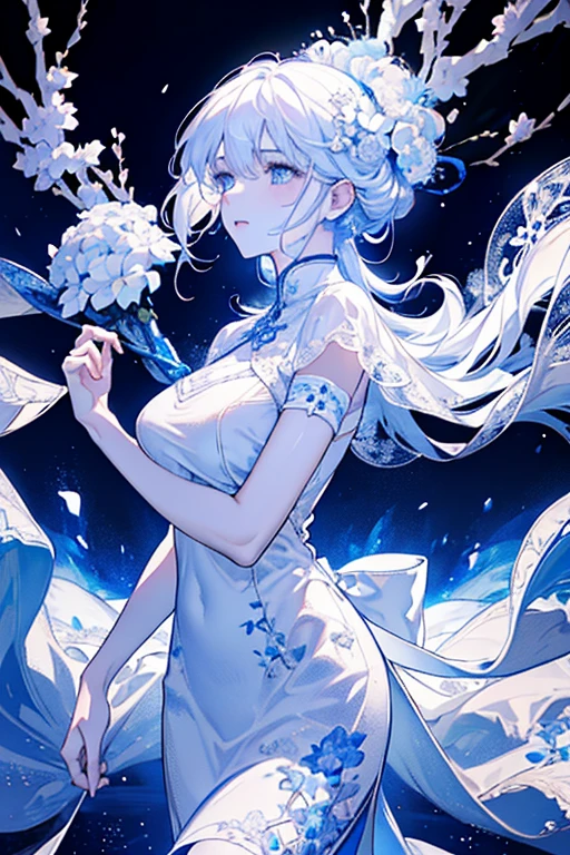 Paradise in Heaven, White lighting,(muste piece), (best quality), (cinematic), 8K, (art station),(長いwhite hairとSilvery eyesを持つ1人の女), (beautiful delicate face)、[Frozen trees々], [landscape crystal], [lighting], [Ethereal Atmosphere:1.1], [fantasy, short story] ,[soft なlighting] 、(+cinematic shot:1.2)、 [+art station] 、[+luminous white background] 、 [soft glow] 、(Creative and dynamic angles:1.3), [+Crystal Toning] 、muste piece, very detailed, Super detailed, solo, (pale skin), Silvery eyes, white hair, (snow background), (snowflake rosen flower:1.0), (shining crystal), (Snowy ground), (White lashes), sexy woman、dreamy and detailed, Gorgeous setting, 妖しい雰囲気 muste piece, The most beautiful scenes, majestic、(((full of white flowers)))、quiet and serene atmosphere、attractive, all white tones,Inside the crystal library,Transparent flowers and falling snow，Many white roses are planted,(water flowing,waterfall,water bloom),The decoration is also carefully done.,dream（very detailedです，creative design，crisp and precise lines，K HD，best quality，master piece，超High resolution，In 4K）、Diverse poses、((beautiful white flower hair ornament))、beautiful hairstyle、(best quality, In 4K, 8K, High resolution, muste piece:1.2), Super detailed, detailed expression, graceful posture, expressive brush strokes, mysterious atmosphere, artistic interpretation,Delicate floral jewelry， (((Detailed design、beautiful transparent dress、Sheer sexy dresses)))、(SFW:1.5), (oversized breasts, best body proportions, proportions of large breasts,:1.5),(white decoration on thigh)、((Beautiful accessories that wrap around your legs))。((A beautiful accessory that wraps around your wrist))