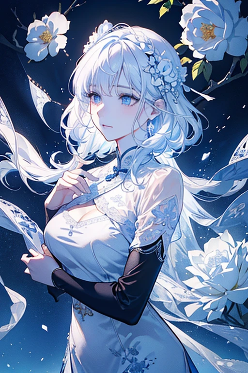 Paradise in Heaven, White lighting,(muste piece), (best quality), (cinematic), 8K, (art station),(長いwhite hairとSilvery eyesを持つ1人の女), (beautiful delicate face)、[Frozen trees々], [landscape crystal], [lighting], [Ethereal Atmosphere:1.1], [fantasy, short story] ,[soft なlighting] 、(+cinematic shot:1.2)、 [+art station] 、[+luminous white background] 、 [soft glow] 、(Creative and dynamic angles:1.3), [+Crystal Toning] 、muste piece, very detailed, Super detailed, solo, (pale skin), Silvery eyes, white hair, (snow background), (snowflake rosen flower:1.0), (shining crystal), (Snowy ground), (White lashes), sexy woman、dreamy and detailed, Gorgeous setting, 妖しい雰囲気 muste piece, The most beautiful scenes, majestic、(((full of white flowers)))、quiet and serene atmosphere、attractive, all white tones,Inside the crystal library,Transparent flowers and falling snow，Many white roses are planted,(water flowing,waterfall,water bloom),The decoration is also carefully done.,dream（very detailedです，creative design，crisp and precise lines，K HD，best quality，master piece，超High resolution，In 4K）、Diverse poses、((beautiful white flower hair ornament))、beautiful hairstyle、(best quality, In 4K, 8K, High resolution, muste piece:1.2), Super detailed, detailed expression, graceful posture, expressive brush strokes, mysterious atmosphere, artistic interpretation,Delicate floral jewelry， (((Detailed design、beautiful transparent dress、Sheer sexy dresses)))、(SFW:1.5), (oversized breasts, best body proportions, proportions of large breasts,:1.5),(white decoration on thigh)、((Beautiful accessories that wrap around your legs))。((A beautiful accessory that wraps around your wrist))