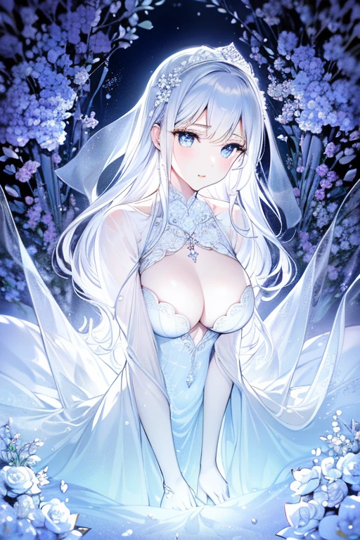 Paradise in Heaven, White lighting,(muste piece), (best quality), (cinematic), 8K, (art station),(長いwhite hairとSilvery eyesを持つ1人の女), (beautiful delicate face)、[Frozen trees々], [landscape crystal], [lighting], [Ethereal Atmosphere:1.1], [fantasy, short story] ,[soft なlighting] 、(+cinematic shot:1.2)、 [+art station] 、[+luminous white background] 、 [soft glow] 、(Creative and dynamic angles:1.3), [+Crystal Toning] 、muste piece, very detailed, Super detailed, solo, (pale skin), Silvery eyes, white hair, (snow background), (snowflake rosen flower:1.0), (shining crystal), (Snowy ground), (White lashes), sexy woman、dreamy and detailed, Gorgeous setting, 妖しい雰囲気 muste piece, The most beautiful scenes, majestic、(((full of white flowers)))、quiet and serene atmosphere、attractive, all white tones,Inside the crystal library,Transparent flowers and falling snow，Many white roses are planted,(water flowing,waterfall,water bloom),The decoration is also carefully done.,dream（very detailedです，creative design，crisp and precise lines，K HD，best quality，master piece，超High resolution，In 4K）、Diverse poses、((beautiful white flower hair ornament))、beautiful hairstyle、(best quality, In 4K, 8K, High resolution, muste piece:1.2), Super detailed, detailed expression, graceful posture, expressive brush strokes, mysterious atmosphere, artistic interpretation,Delicate floral jewelry， (((Detailed design、beautiful transparent dress、Sheer sexy dresses)))、(SFW:1.5), (oversized breasts, best body proportions, proportions of large breasts,:1.5),(white decoration on thigh)、((Beautiful accessories that wrap around your legs))。((A beautiful accessory that wraps around your wrist))