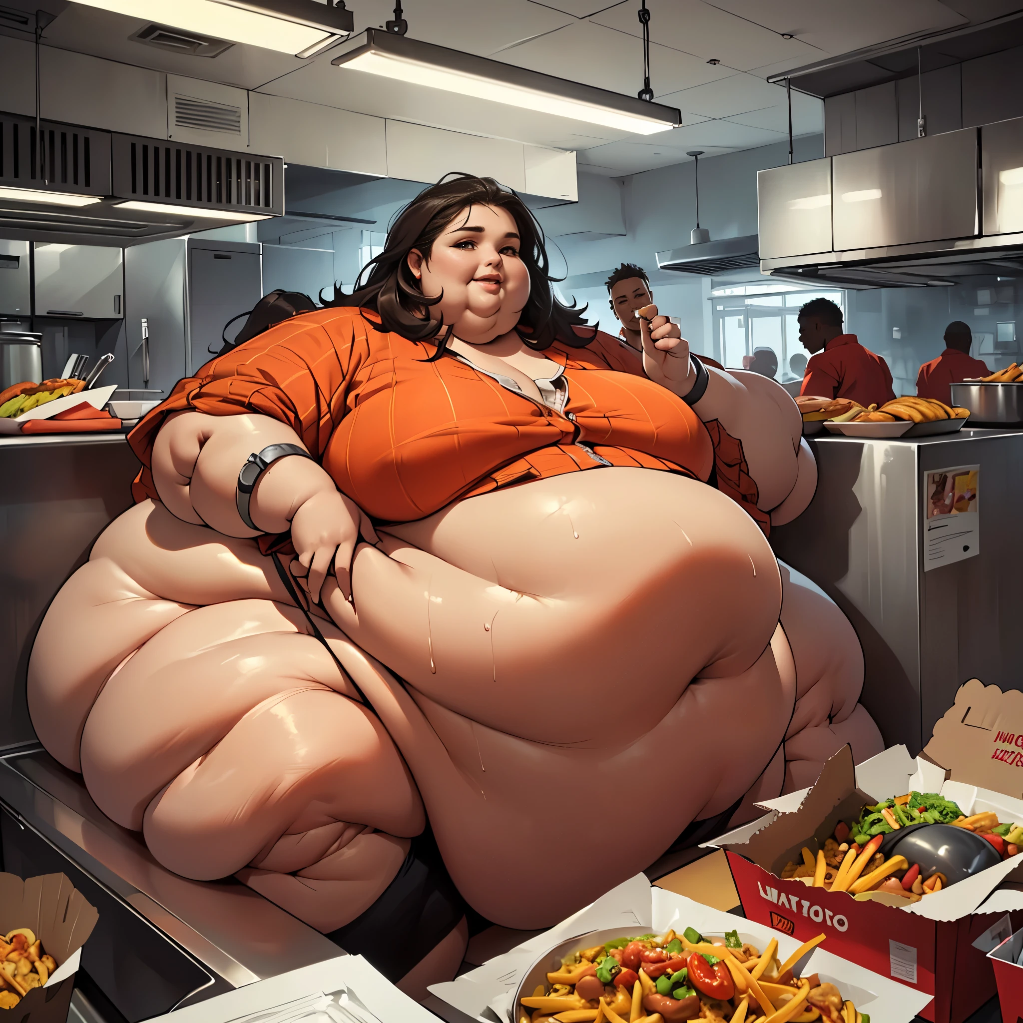 (Masterpiece, best quality, highres:1.3), (realistic:1.2), 1girl, (obese:1.4), (USSBBW), (fatblob:1.4), (immobile:1.4), (detailed, beautiful face:1.4), (african-american:1.2) woman, (massive belly:1.3), fast food worker, pleased, satisfied
