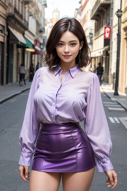 1 beautiful woman, mature, highly detailed face, detailed eye, double eyelid, Slightly thicker detail lip, short black hair, (Light purple fancy blouse:1.2), (Red tight mini skirt:1.2), light pink panties, (big breasts:1.3), light smile, cowboy shot, thighs thighs thighs, perfect lighting, (Photoreal:1.4), (super detailed), (highest quality), (best shadows), (masterpiece), ultra high resolution, With background: (city street)