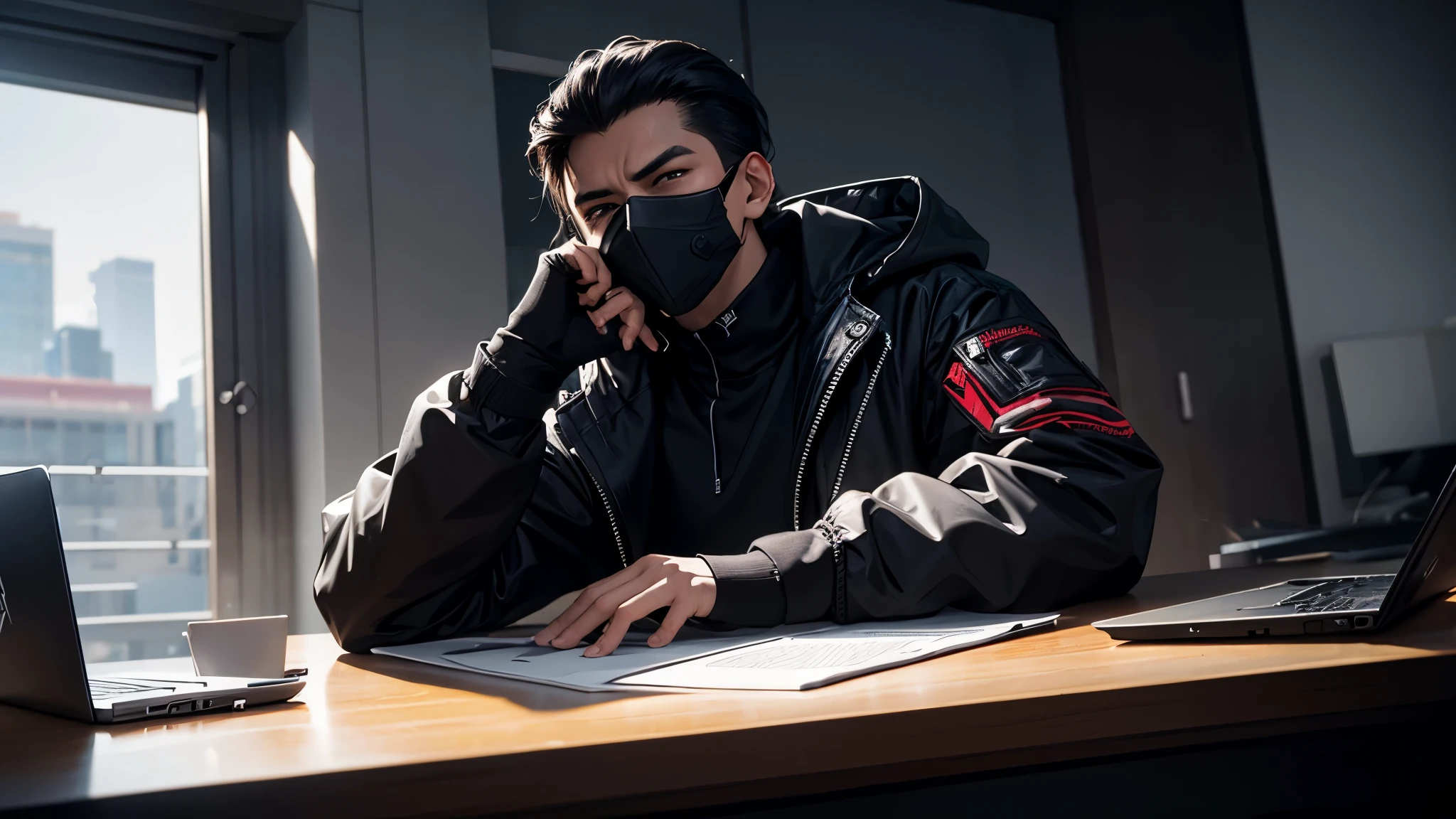 arafed man in a black hoodie and sunglasses sitting at a desk with a laptop, wearing facemask and sunglasses, techwear look and clothes, ross tran 8 k, portrait shot, wearing all black mempo mask, wearing cyberpunk streetwear, wearing japanese techwear, techwear fashion, portrait shot 8 k, wearing cyberpunk 2 0 7 7 jacket, cyberpunk streetwear