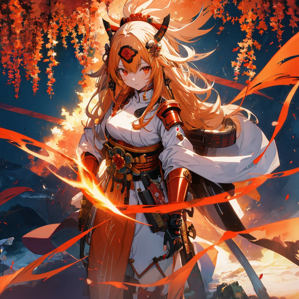 Anime girl standing in futuristic landscape, samurai figure, hieratic visionary style, dark orange and light vegilles, this beauty is incredible, hanging scrolls, characterizing animals, red shift, intertwining materials