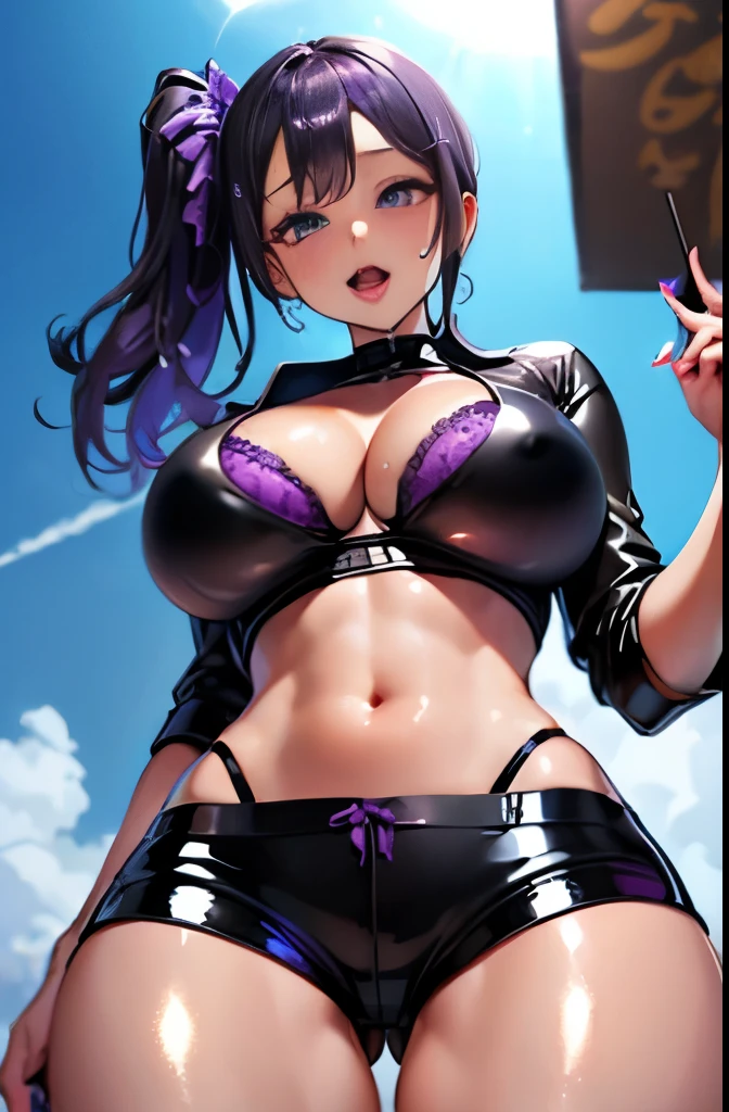 (8K, 超High resolution, highest qualityの傑作, professional detailed wallpaper, Ultimate Highly Detailed Everything), :1.8)、((from below:1.2))、standing with legs apart、 cute 1 girl, highest quality、ウルトラ - High resolution、High resolution、Highly detailed CG、8k unit wallpaper、20-year-old、beautiful and fine eyes, (((Black and purple super shiny latex panties)))、((( black skin , tight shirt , cropped shirt , shorts , cleavage ,)))、(shiny body,:1.5)、 please be shy、(Ahegao:1.5)、(Stick out your tongue and drool)、full of embarrassment、