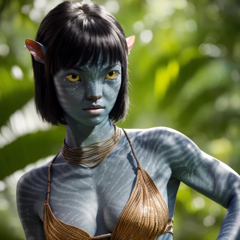 avtr:0.9, avatar style, portrait photo:1.6, 1girl:1, female, (asian, japanese), Rina ushi:1, gray skin color:1.0, (gray skin tone:1.3), (short hair:1.0), black hair color, (teeteenagearing tribal clothing, wearing a top:1, wearing a loincloth, detailed eyes, toned body, muscled body, glowing, ethereal atmosphere, natural lighting, textured skin, otherworldly beauty, mesmerizing photography, (best quality, highres), vivid colors, ultrarealistic, skin details, striped skiw, face close-up, (eyebrowless:1.0), ultradetailed body