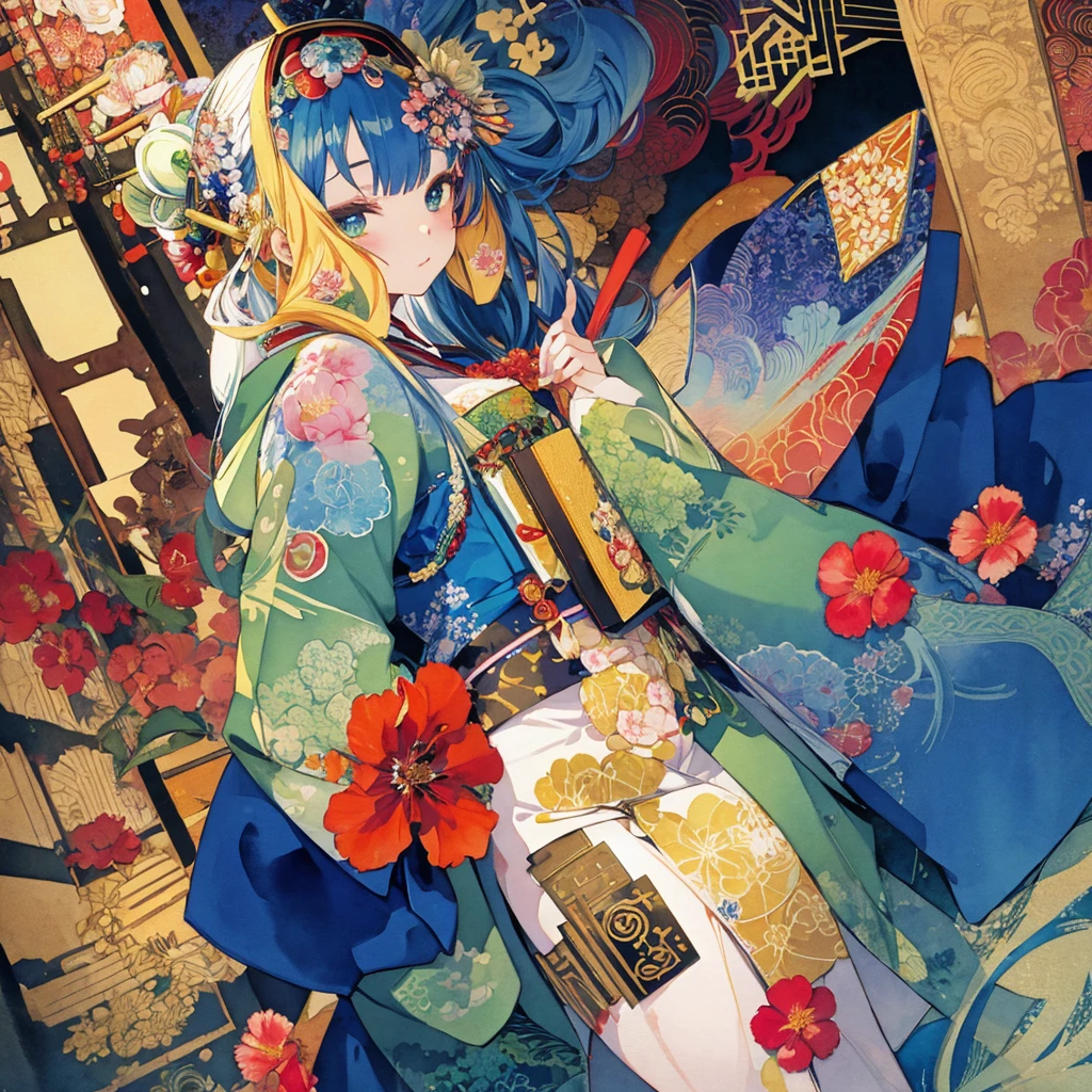Wide angle, front, watercolor, kimono, long eyelashes, many flowers, oiran with long hair, bewitching and decadent atmosphere, vague and indistinct touch, geometric patterns, complex illustration, golden lines, green and deep blue, futuristic landscape