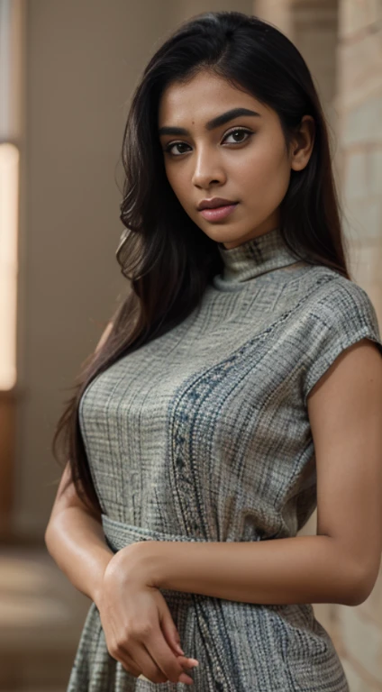 ultra-realistic photographs,Indian Instagram female model,mid 20s,9:16,mid-shot,beautiful detailed eyes,detailed lips,longeyelashes,black stylish hair, naturally full eyebrows,perfectly formed nose,expressive face,attractive appearance,confident and elegant posture,graceful movement,vibrant and colorful turtle-neck party dress, vibrant patterns, party background, serene atmosphere,stunning architecture,soft and natural lighting,vivid colors,photorealistic,HDR,highres,studio lighting,ultra-detailed,bokeh,fully covered clothes