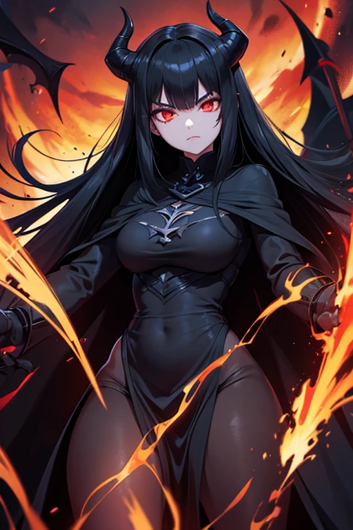 woman demon, dark and sinister aura, long black hair, black dress, black cape, long horns, red glowing eyes, berserk mode