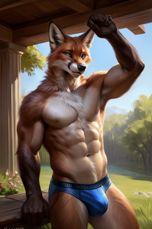 4k, high resolution, best quality, perfect colors, perfect shadows, perfect lighting, posted on e621, furry body, solo, anthro red Fox, male, adult, masculine, (muscular, athletic:1.5), bare torso, correct anatomy, (photorealistic fur, detailed fur, epic, masterpiece:1.2), (detailed backyard background, daytime, sunshine), sexy shadows, (by Chunie, by Rukis, by Taran Fiddler, Bonifasko lighting), (underwear, blue:1.2), (detailed fox eyes:1.2), smirking, sweaty, flexing, (oily: 1.2)