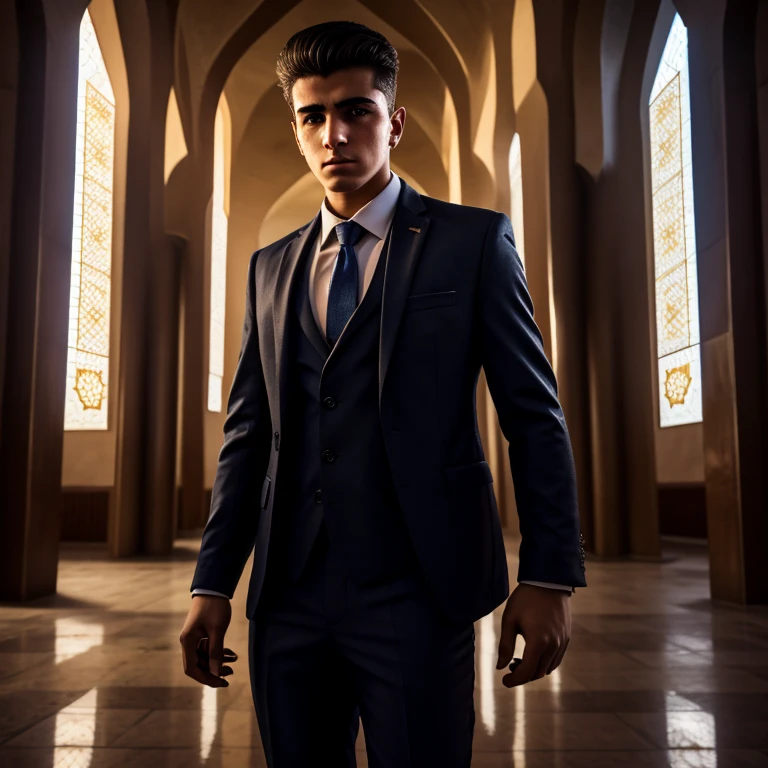 A 18-year-old man with black eyes and hair، A gun in his right hand، The background of Amir Chakhmaq Mosque in Yazd, Iran, suit, cinematic lighting, cyberpunk, Focus on the face
